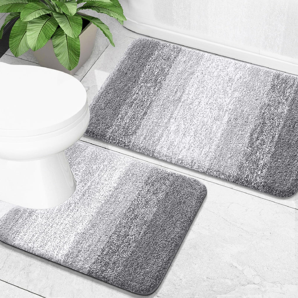 OLANLY Bathroom Rug Set 2 Piece, Soft Absorbent Microfiber Bath Mats and U-Shaped Contour Toilet Rug, Non-Slip, Machine Wash Dry, Plush Shaggy Bath Mats for Bathroom (24"x16"+24"x20", Grey)