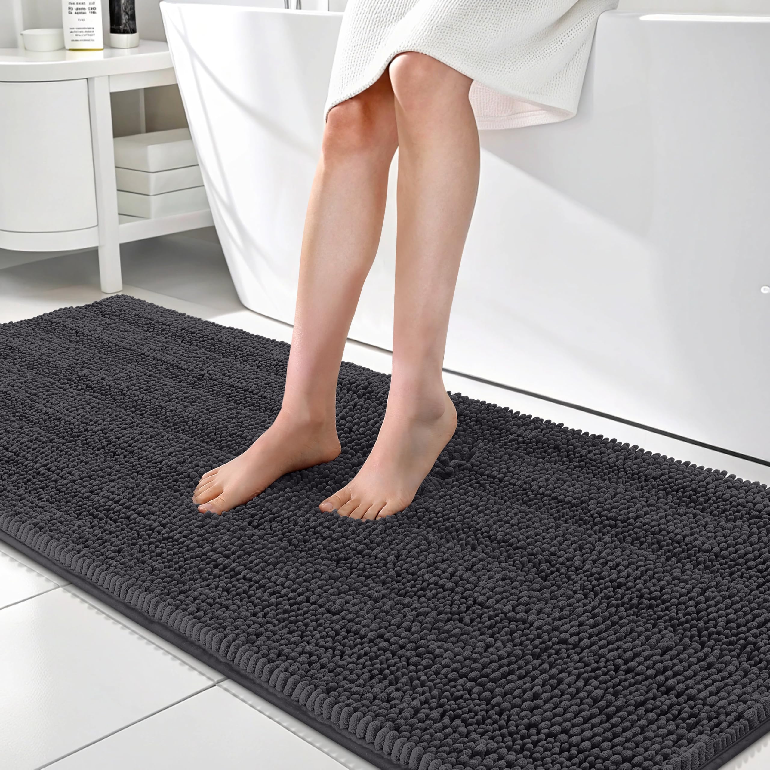 OLANLY Thick Bathroom Rugs 30x20, Extra Soft Absorbent Chenille Striped Bath Rugs, Rubber Backing, Machine Wash Dry, Bath Mats for Bathroom Floor, Tub and Shower, Home Decor Accessories, Grey