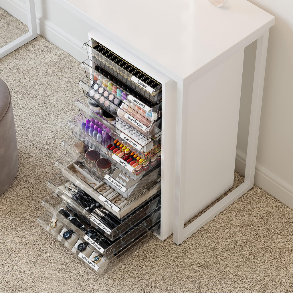 WOPITUES Storage Drawer Cart, Mobile Storage Cabinet, Makeup Storage with 10 Large Clear Drawers, Utility Wooden Rolling Cart on Wheels, for Cosmetic, Art Craft, Office Supplies, Toy, White