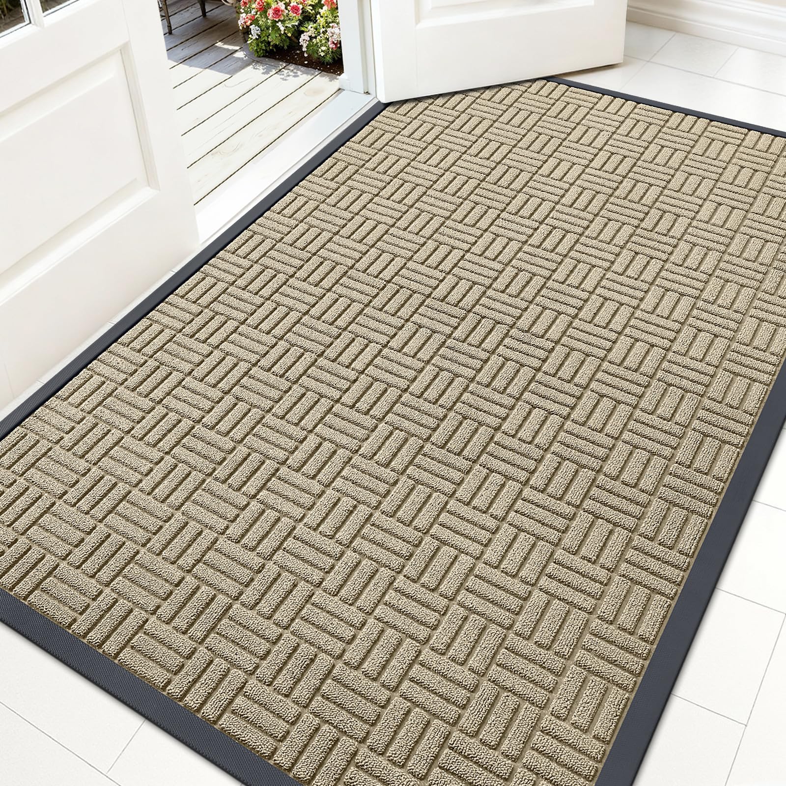 OLANLY Front Door Mat Outside Entrance 29.5x17, Absorbent, Heavy Duty Sturdy Natural Rubber Doormat Indoor Outdoor, Stain and Fade Resistant, Non-Slip Backing Low Profile Floor Mat for Entryway, Grey
