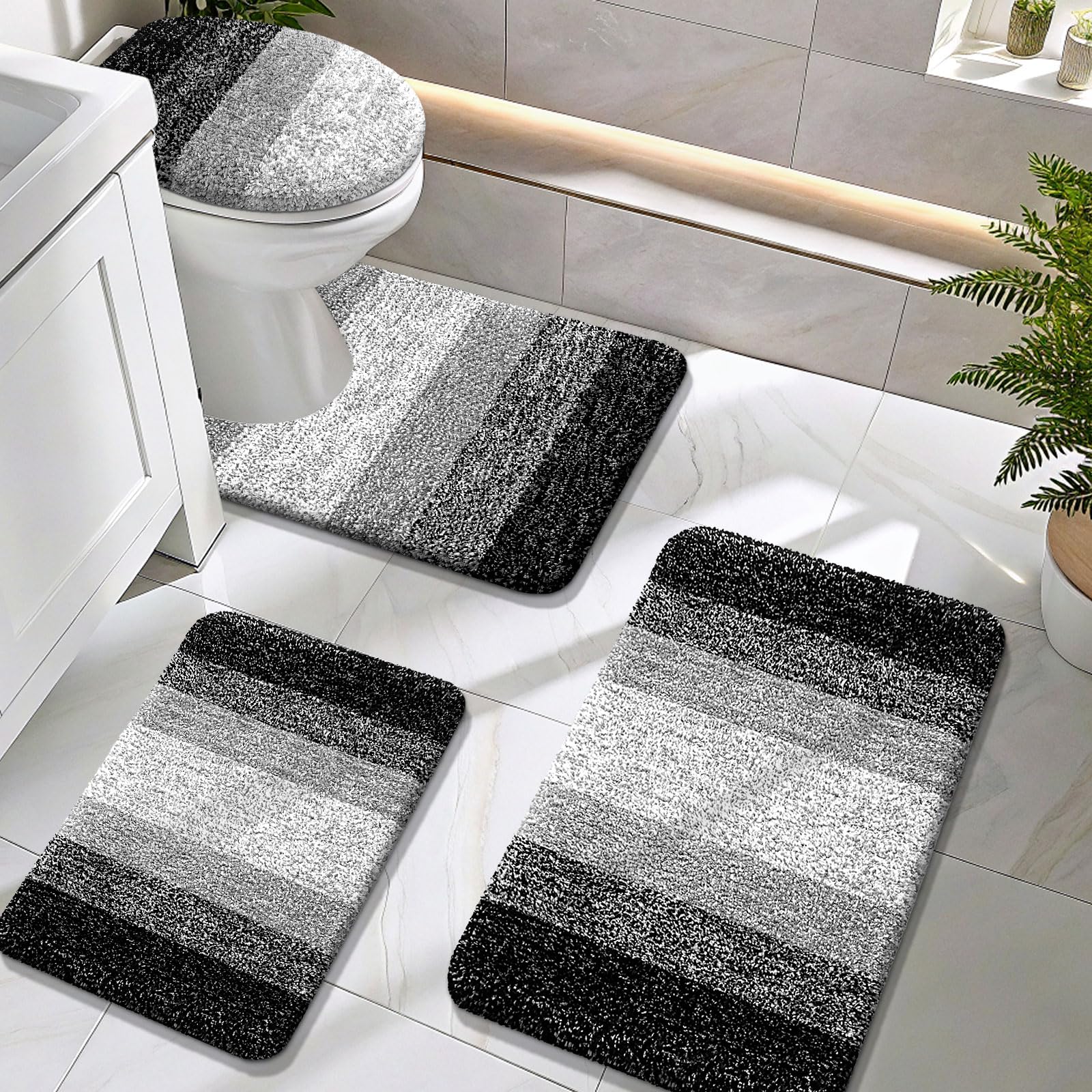 OLANLY Bathroom Rugs Sets 4 piece, Soft Microfiber Absorbent Bath Mat, U-Shaped Contour Toilet Mat and Toilet Lid Cover, Quick Dry, Machine Washable, Toilet Cover and Rug Set for Bathroom, Grey