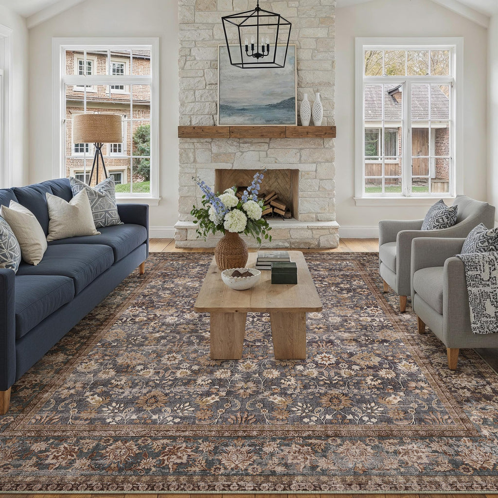 HUGEAR 5x7 Machine Washable Rugs Brown Hallway Area Rug Indoor Accent Rug Floral Low Pile Carpet Soft Throw Aesthetic Rug Bedroom Living Room Office Dining Room Kitchen Laundry Room Non Slip