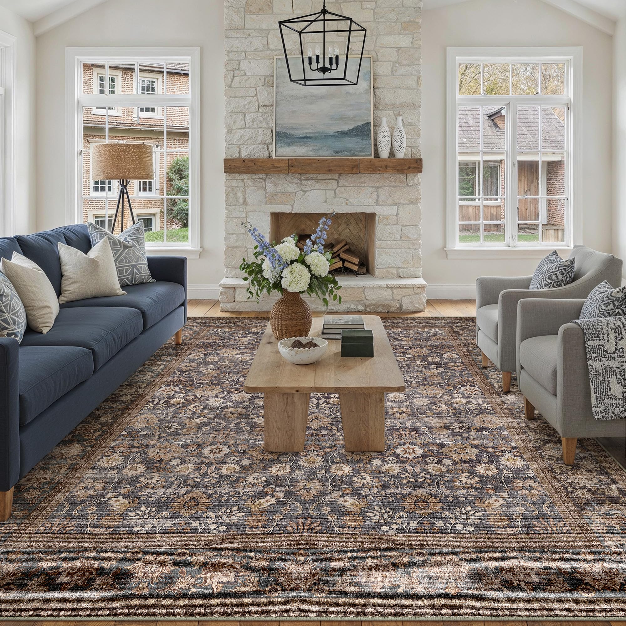HUGEAR 5x7 Machine Washable Rugs Brown Hallway Area Rug Indoor Accent Rug Floral Low Pile Carpet Soft Throw Aesthetic Rug Bedroom Living Room Office Dining Room Kitchen Laundry Room Non Slip