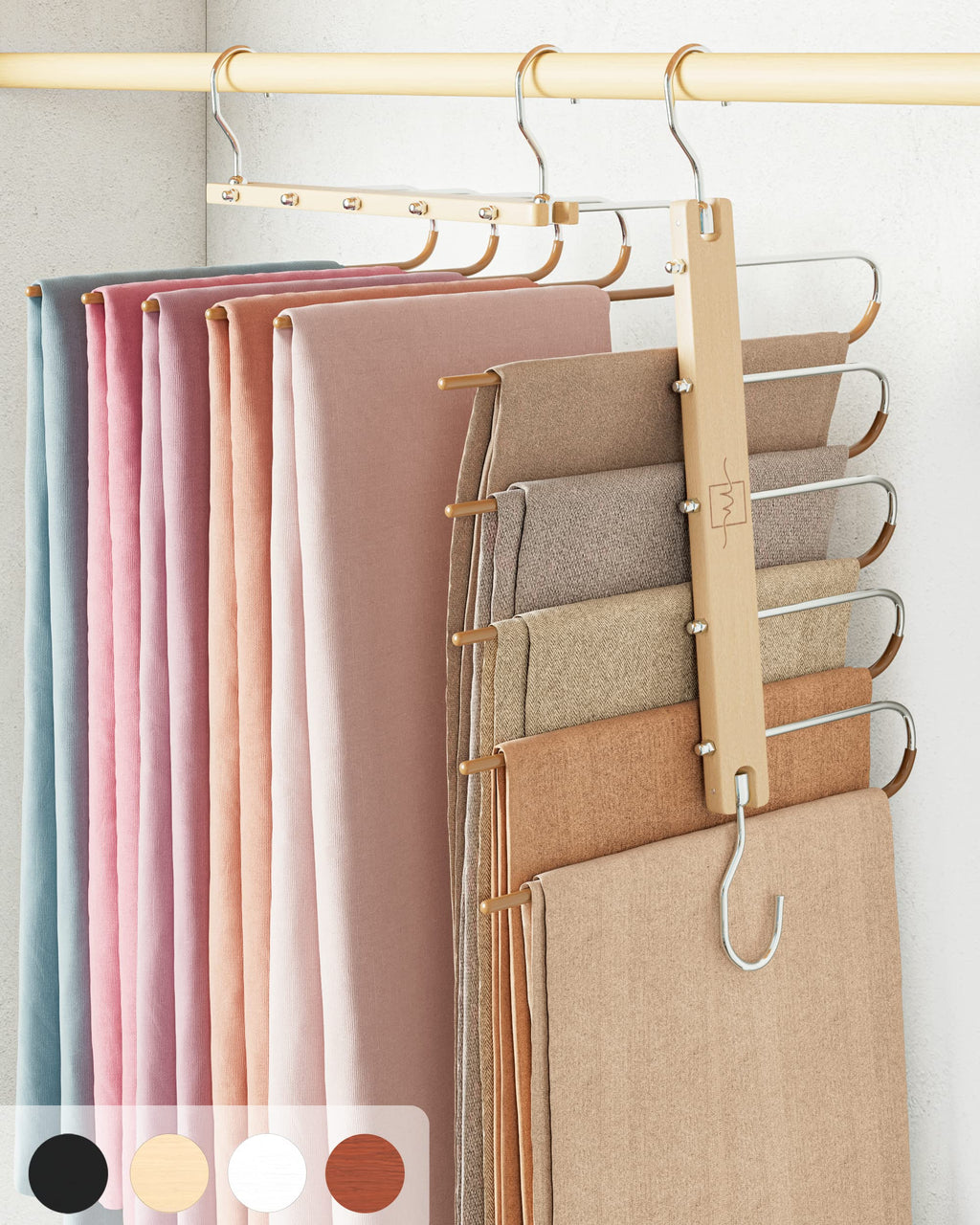 MORALVE Pants Hangers Space Saving - 2 Pack European Beechwood Scarf and Jean Hangers - Closet Organizer and Space Saver Pant Rack, Leggings Hanger, and Scarf Holder with 360° Swivel Hook