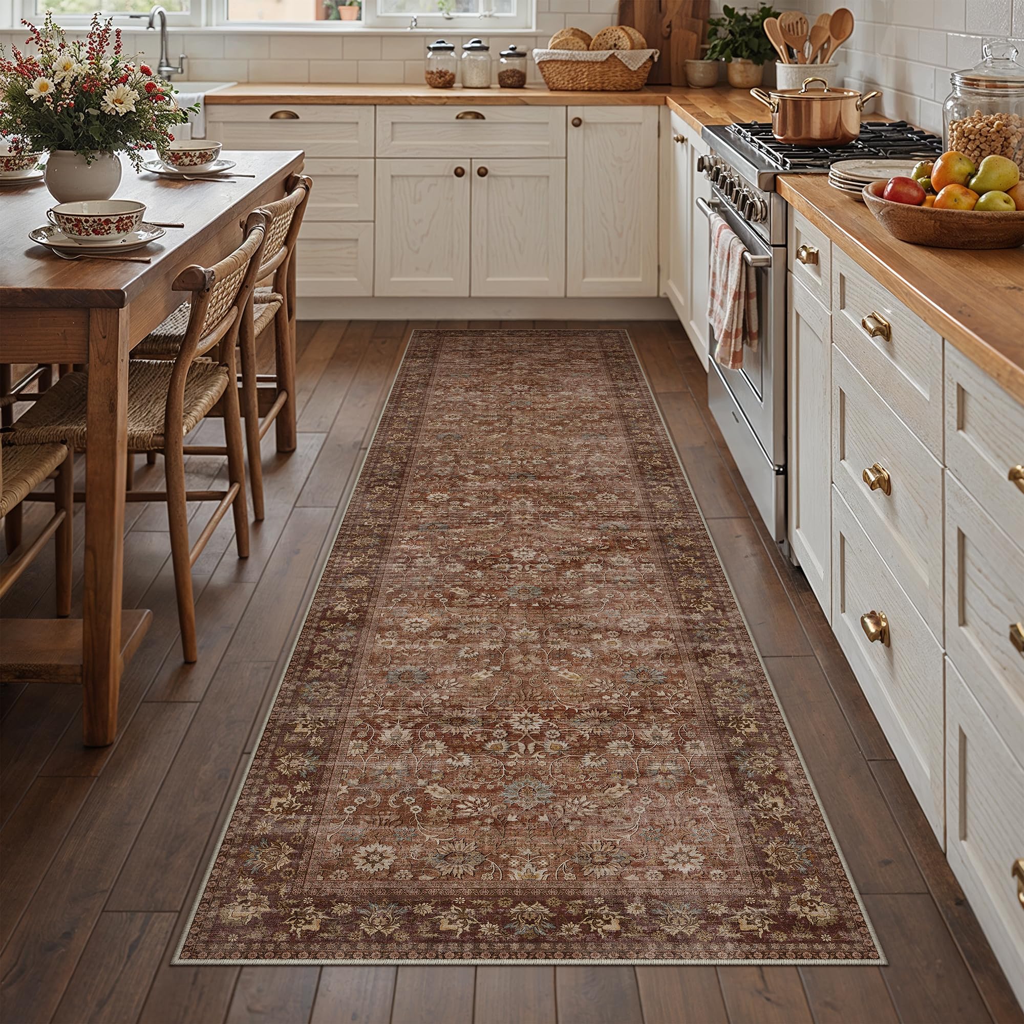 HUGEAR 5x7 Machine Washable Rugs Brown Hallway Area Rug Indoor Accent Rug Floral Low Pile Carpet Soft Throw Aesthetic Rug Bedroom Living Room Office Dining Room Kitchen Laundry Room Non Slip