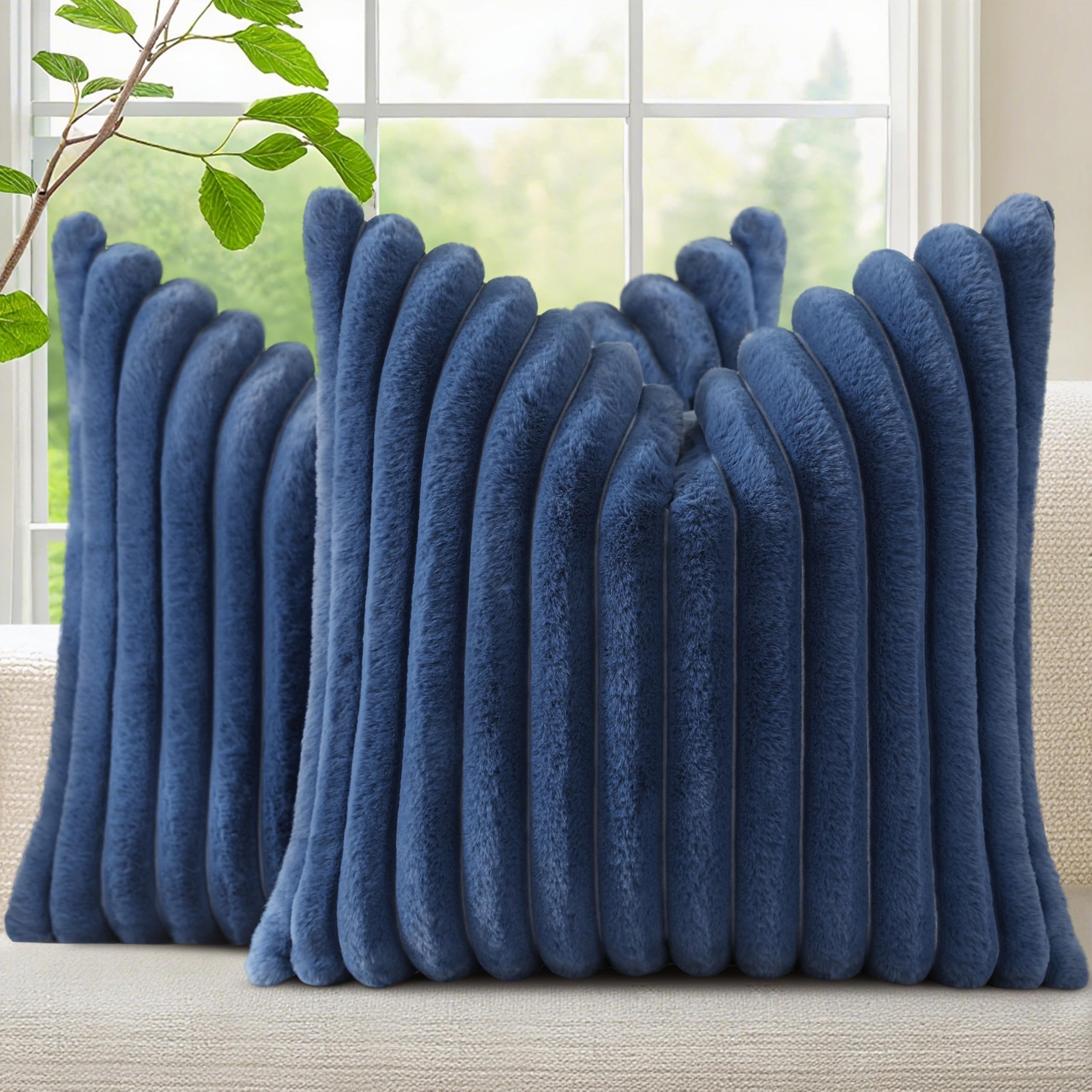 decorUhome Cozy Faux Fur Spring Throw Pillow Covers 18x18 Set of 2 Decorative Soft Plush Striped Modern Farmhouse Boho Couch Pillow Cases with Velvet Back for Sofa Bed Living Room, Cream White