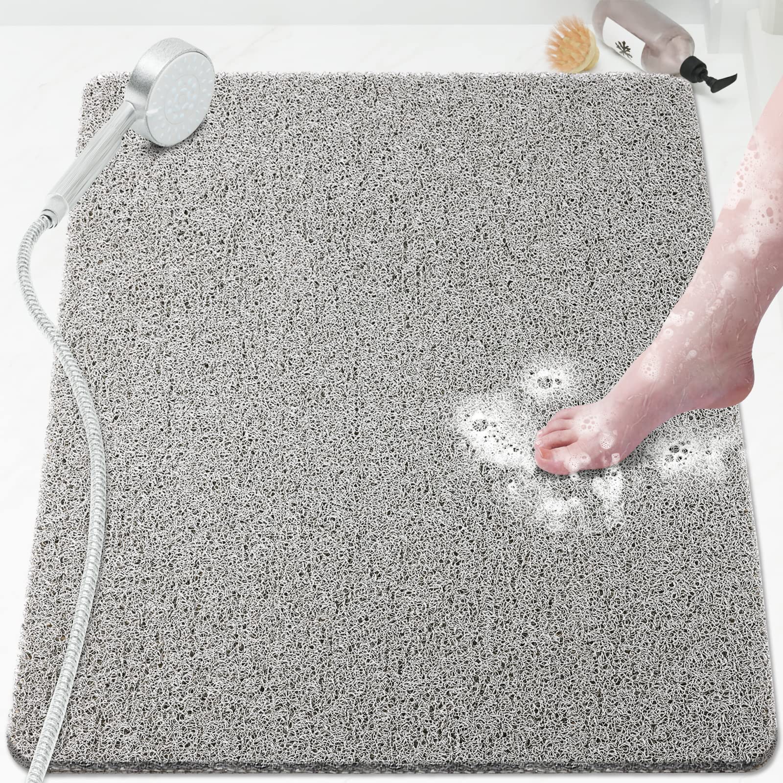 PVC Loofah Shower/Bathtub Mat Non-Slip, 24x16 inch, Soft Tub Mat with Drain, for Tub and Bathroom,Quick Drying,Grey
