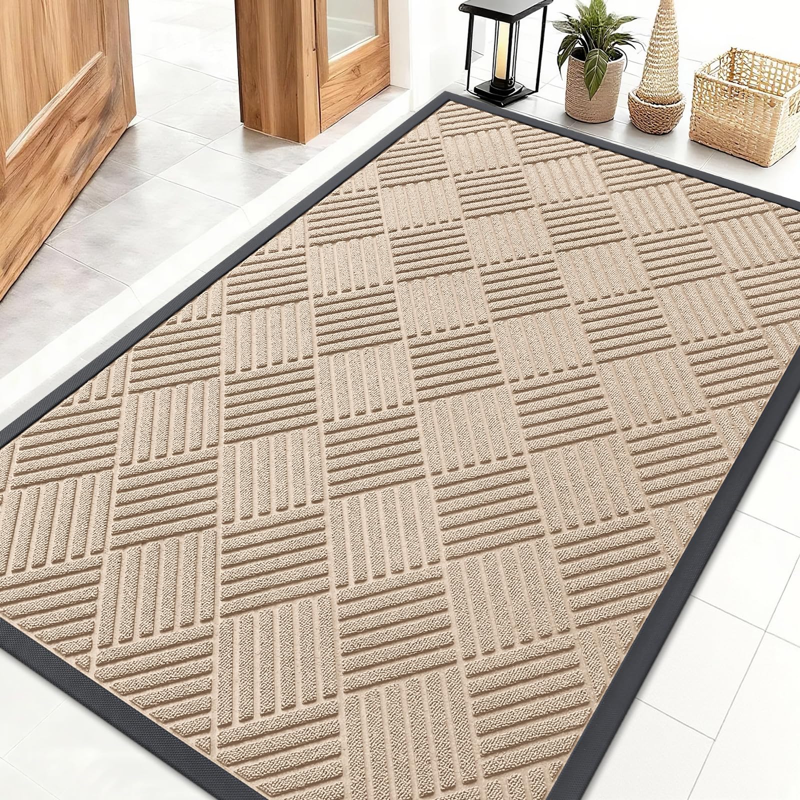 OLANLY Front Door Mat Outside Entrance 29.5x17, Absorbent, Heavy Duty Sturdy Natural Rubber Doormat Indoor Outdoor, Stain and Fade Resistant, Non-Slip Low Profile Floor Mat for Entryway, Grey Diamond