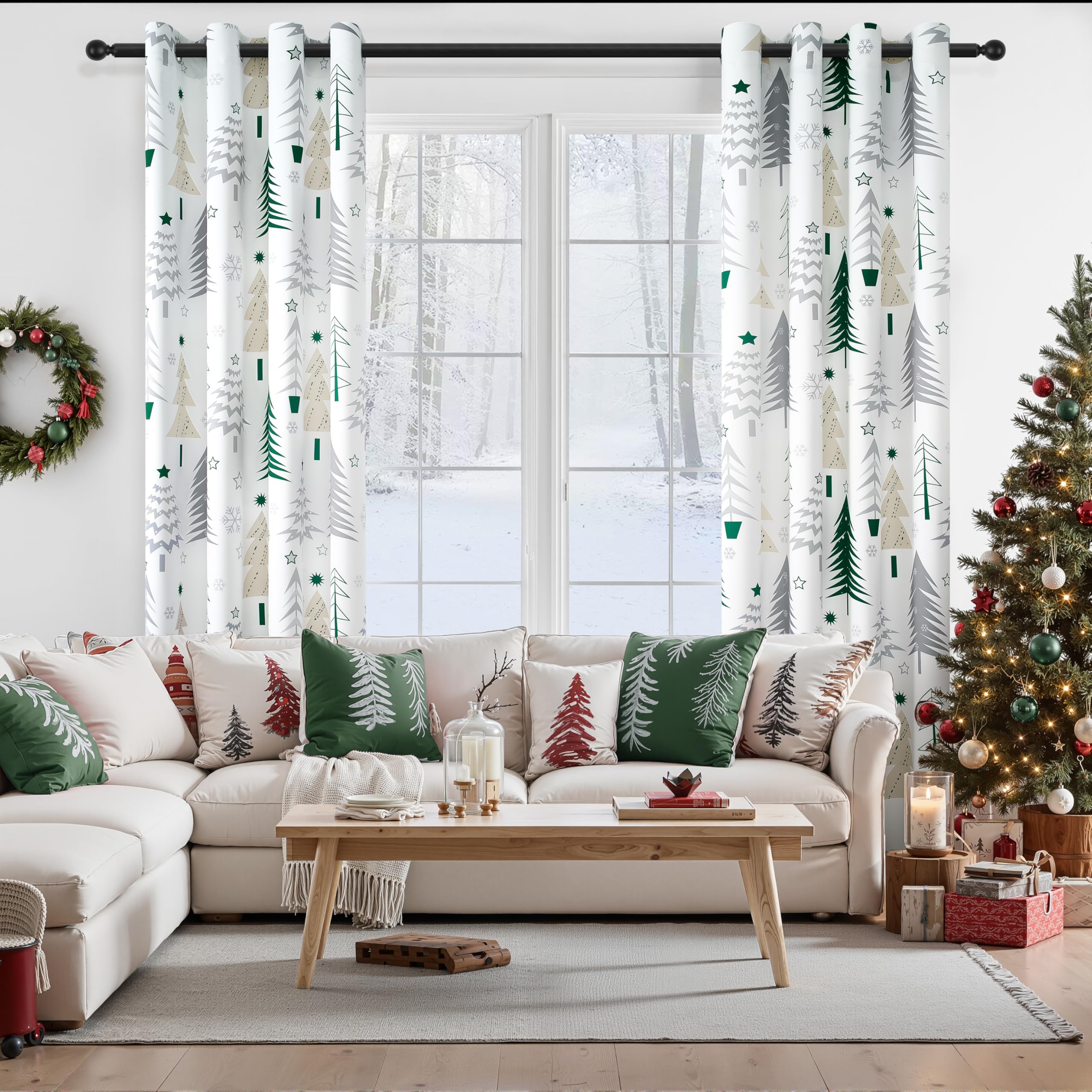 Topfinel Christmas Curtains 84 Inch Length for Living Room 2 Panels Set,Grommet Xmas Decoration Window Curtains with Christmas Tree and Snowflake Print for Bedroom,Set of 2,52x84 Inches Long,White