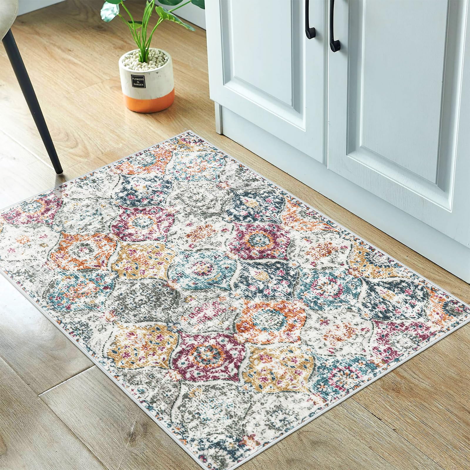 Lahome Moroccan Trellis Washable Rug, 2x3 Kitchen Rugs for Entryway Bathroom, Non-Slip Indoor Door Mat Ultra-Thin, Small Oriental Throw Carpet for Bedroom Entry Elise, Cream/Multi