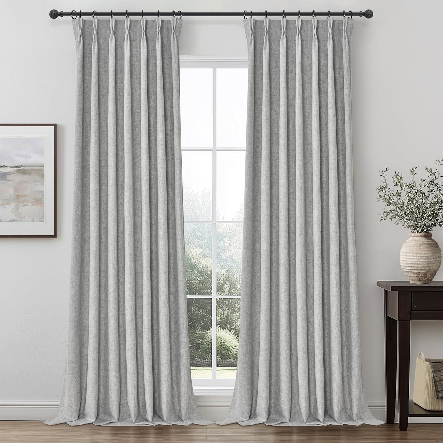 Natural Linen Pinch Pleated Blackout Curtains & Drapes 96 Inch Long Bedroom/Livingroom Farmhouse Curtains 2 Panel Sets, Neutral Track Room Darkening Thermal Insulated 8ft Back Tab Window Curtain