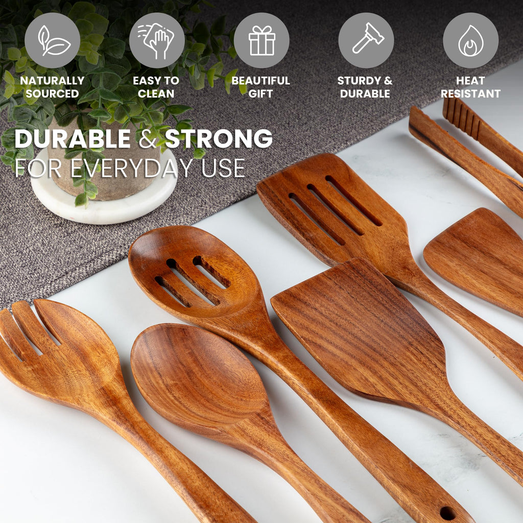 Zulay Kitchen 6 Piece Wooden Spoons for Cooking – Natural Teak Wooden Utensil Set, Easy to Clean, Durable, Smooth with Comfort Grip - Non Toxic Wooden Cooking Utensil Sets
