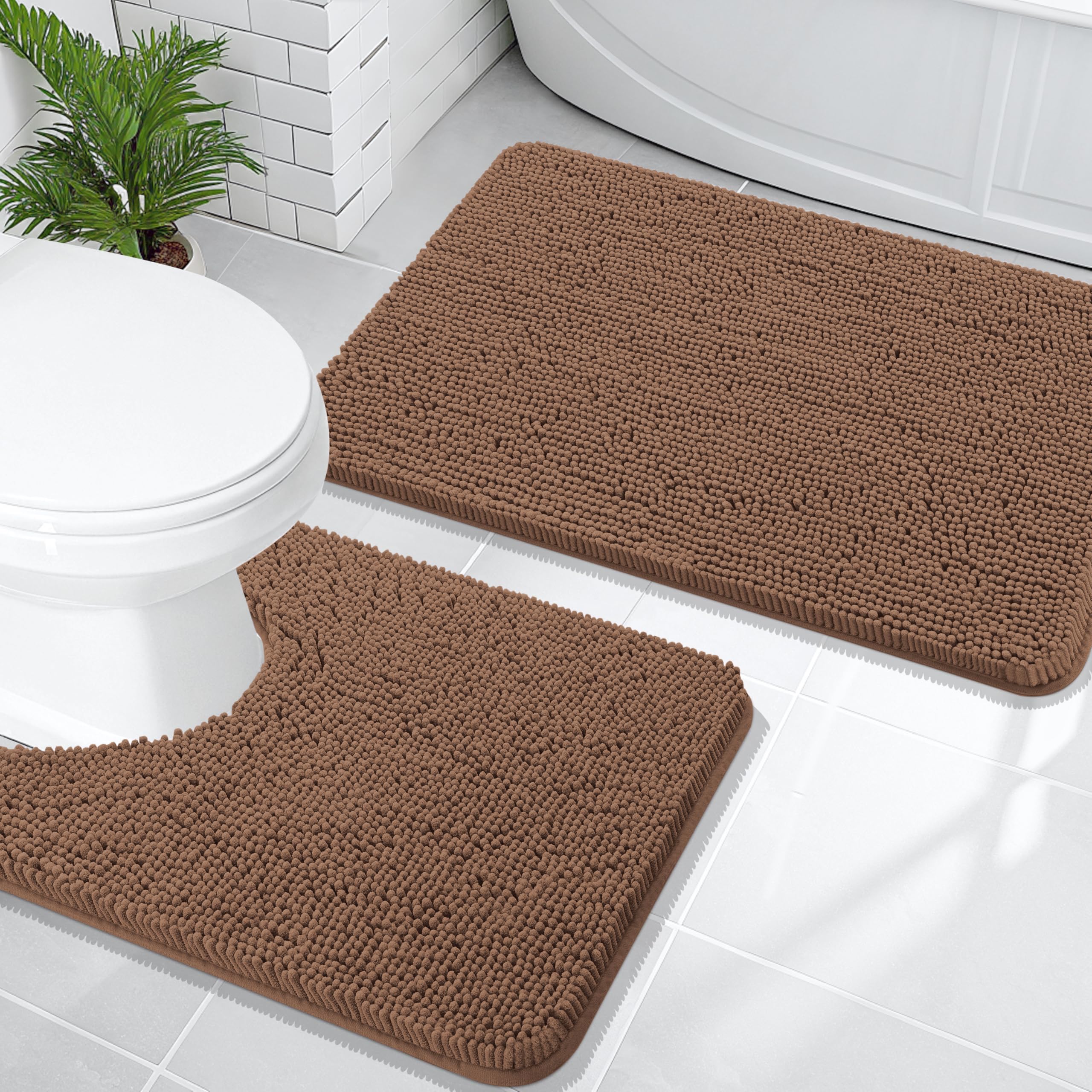 OLANLY Bathroom Rugs Sets 2 Piece, Soft Absorbent Chenille Bath Mats and U-Shaped Contour Toilet Mat Area Rug Set, Machine Washable Bath Carpet, Home Decor Accessories(30"x20"+24"x20", Grey)