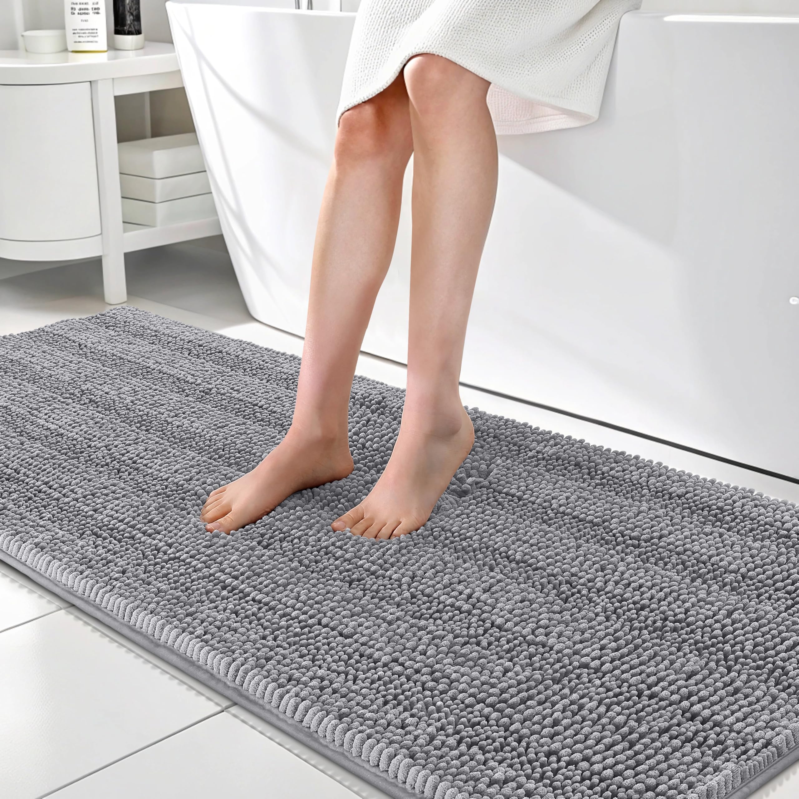OLANLY Thick Bathroom Rugs 30x20, Extra Soft Absorbent Chenille Striped Bath Rugs, Rubber Backing, Machine Wash Dry, Bath Mats for Bathroom Floor, Tub and Shower, Home Decor Accessories, Grey
