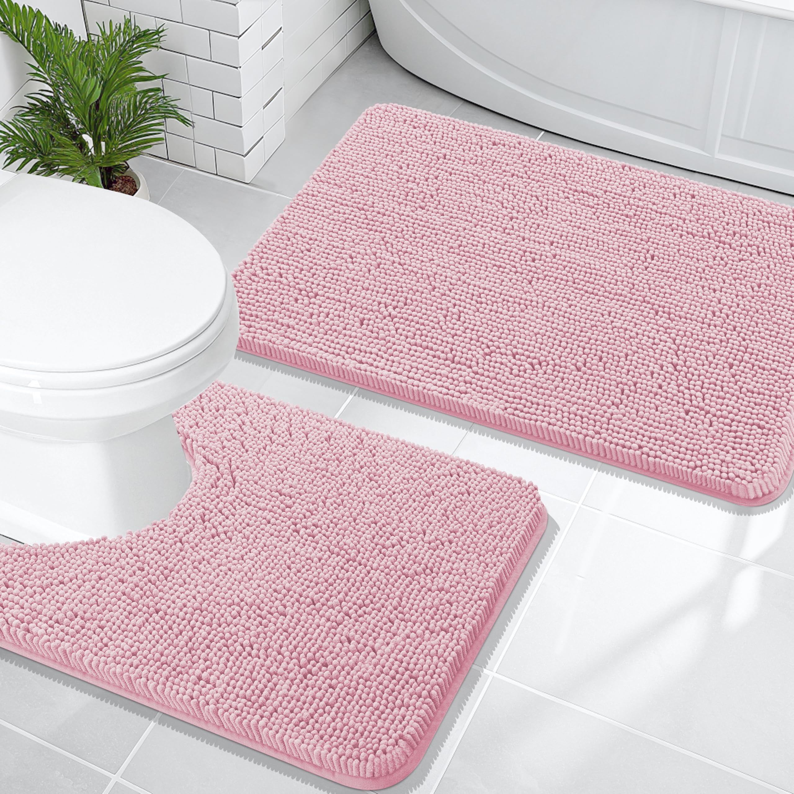 OLANLY Bathroom Rugs Sets 2 Piece, Soft Absorbent Chenille Bath Mats and U-Shaped Contour Toilet Mat Area Rug Set, Machine Washable Bath Carpet, Home Decor Accessories(30"x20"+24"x20", Grey)