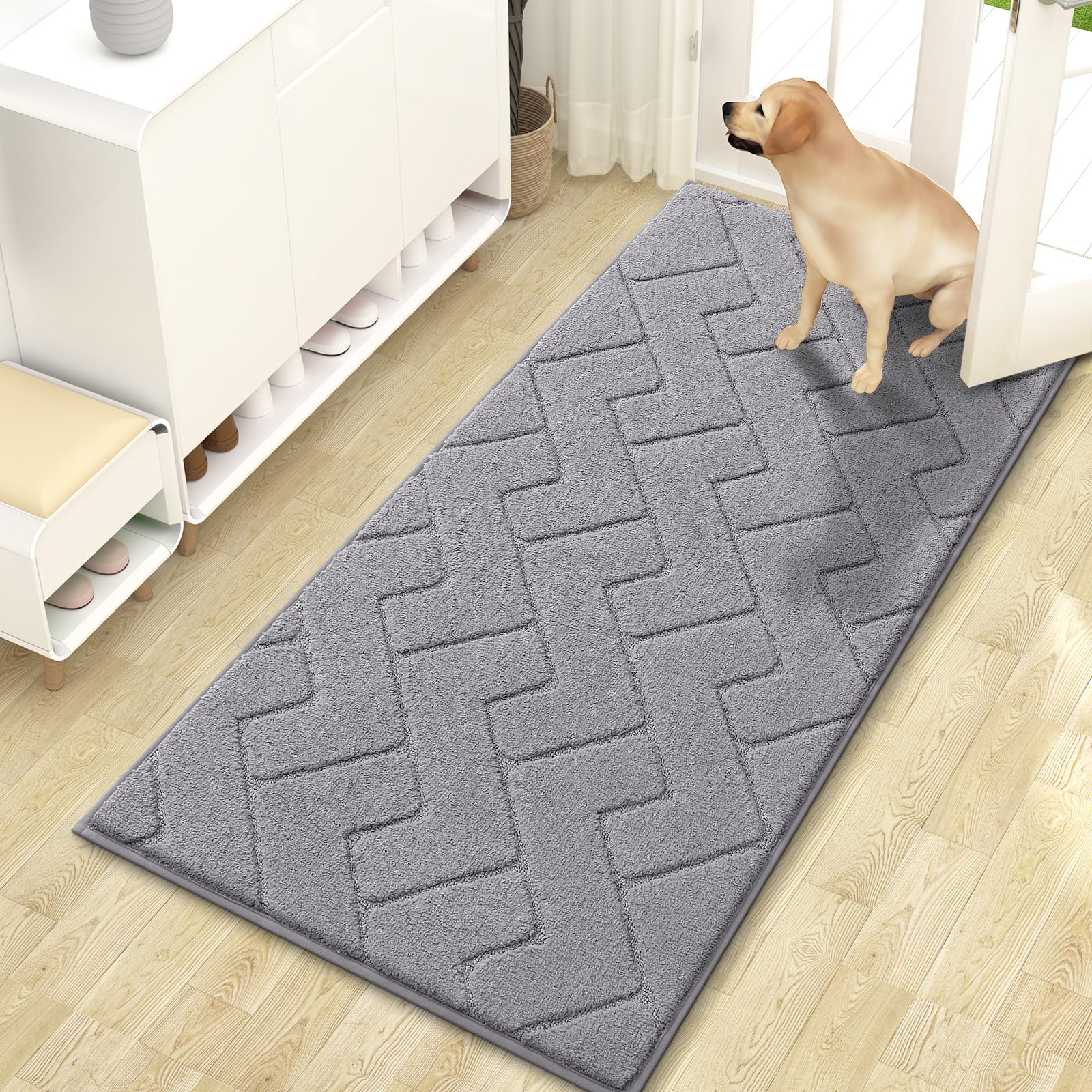OLANLY Indoor Door Mat, 32x20, Dirt Resistant and Absorbent, Sturdy Non-Slip Rubber Backing, Easy to Clean, Washable Low-Profile Doormat for Entryway, Grey