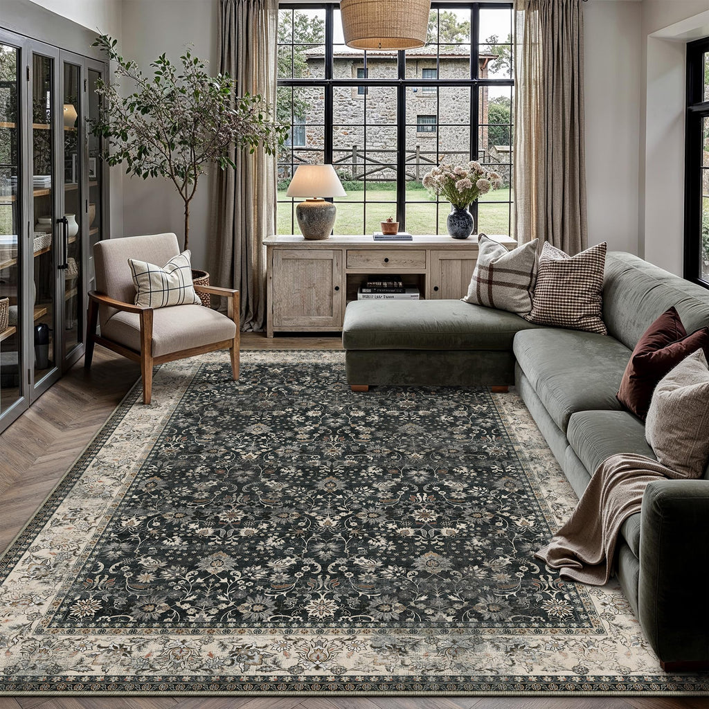 HUGEAR 5x7 Machine Washable Rugs Brown Hallway Area Rug Indoor Accent Rug Floral Low Pile Carpet Soft Throw Aesthetic Rug Bedroom Living Room Office Dining Room Kitchen Laundry Room Non Slip