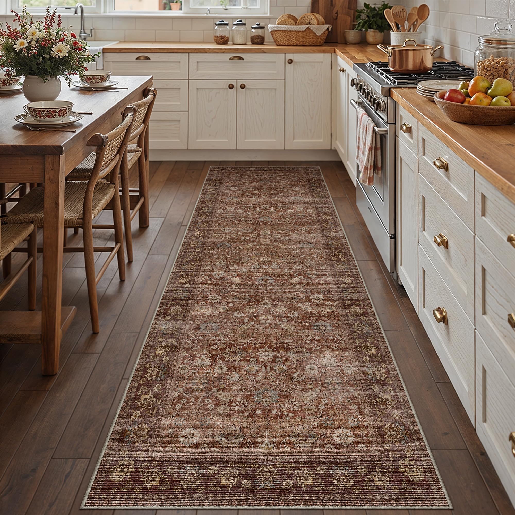 HUGEAR 5x7 Machine Washable Rugs Brown Hallway Area Rug Indoor Accent Rug Floral Low Pile Carpet Soft Throw Aesthetic Rug Bedroom Living Room Office Dining Room Kitchen Laundry Room Non Slip