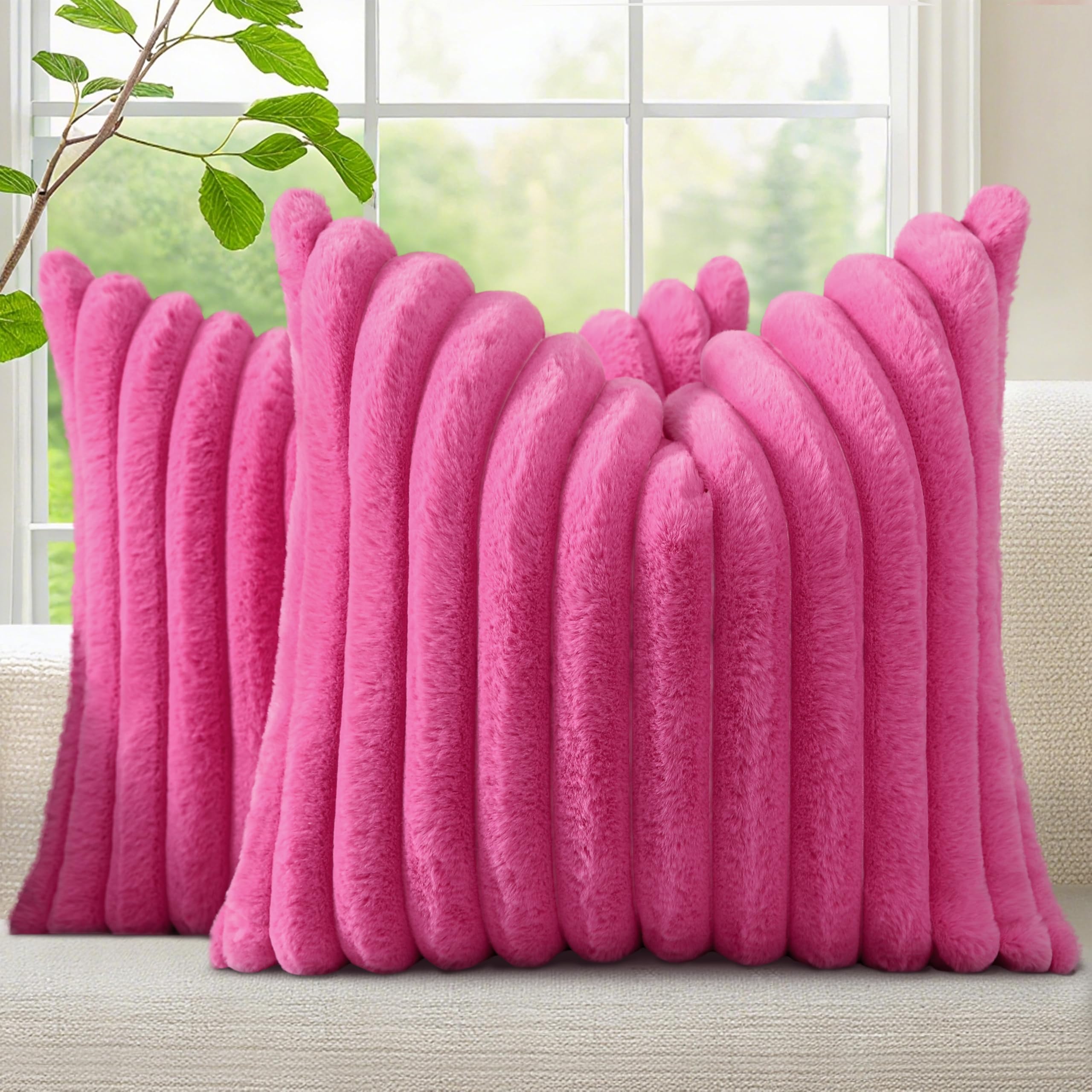 decorUhome Cozy Faux Fur Spring Throw Pillow Covers 18x18 Set of 2 Decorative Soft Plush Striped Modern Farmhouse Boho Couch Pillow Cases with Velvet Back for Sofa Bed Living Room, Cream White