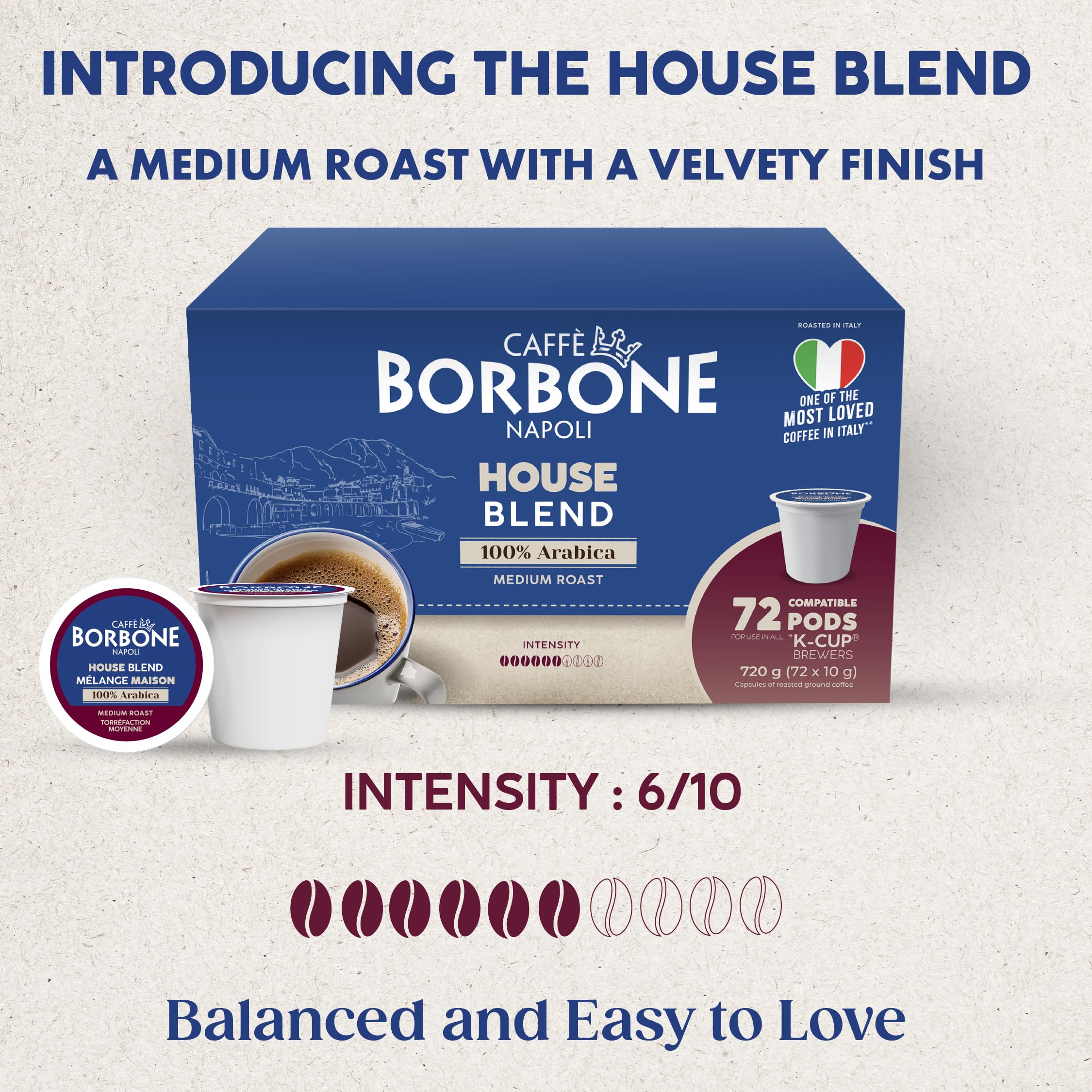 Caffè Borbone Italian Roast Coffee (60 Count) – Medium Dark Roast, Arabica & Robusta Blend, Roasted in Italy for a Bold, Smooth Taste – Single Serve Coffee Pods Compatible with K-Cup Brewers