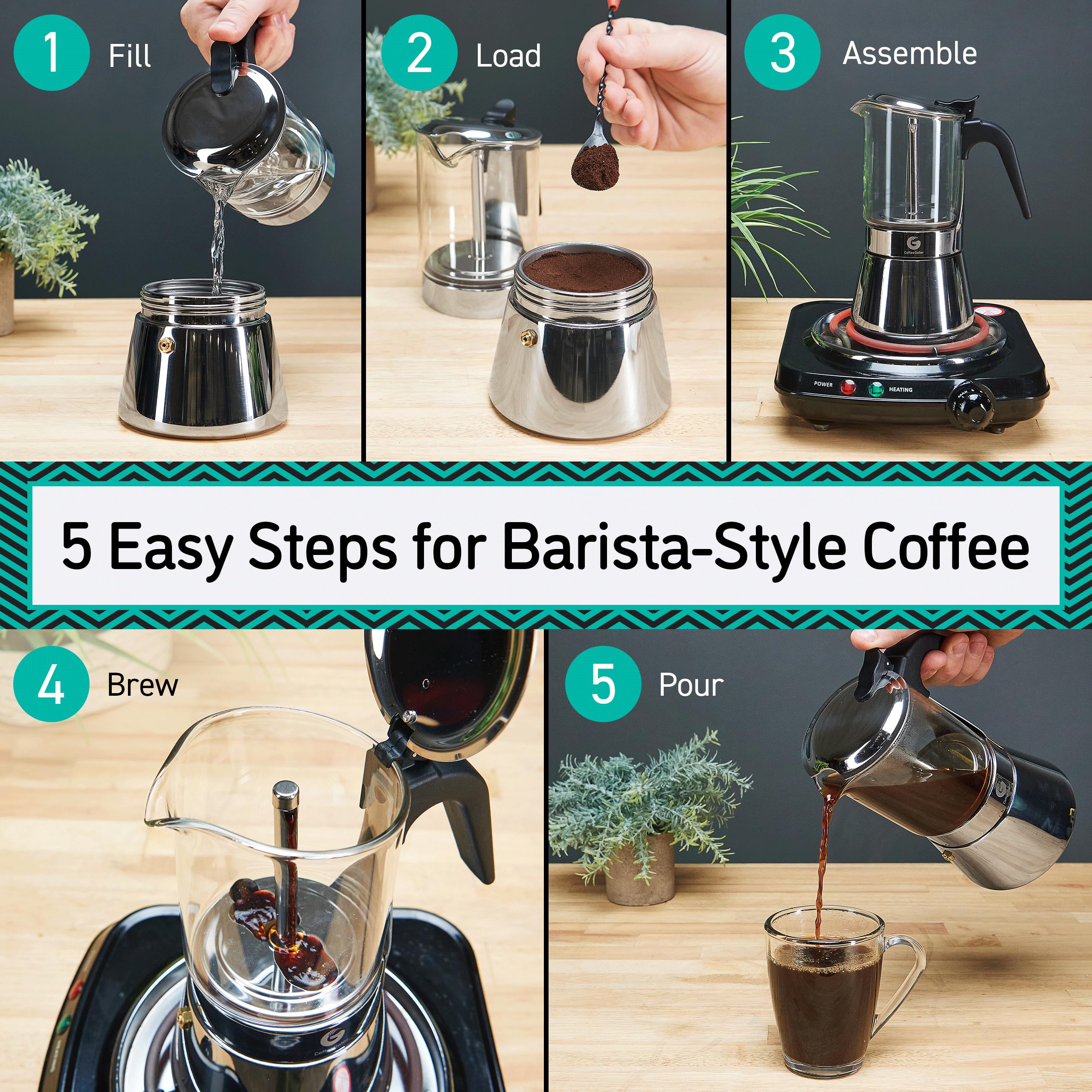 Coffee Gator Moka Pot - 6 Cup, 12oz Stovetop Espresso Maker - Classic Italian and Cuban Coffee Percolator w/ 2 Stainless-Steel Cups – Matte Grey Aluminum, 360ml