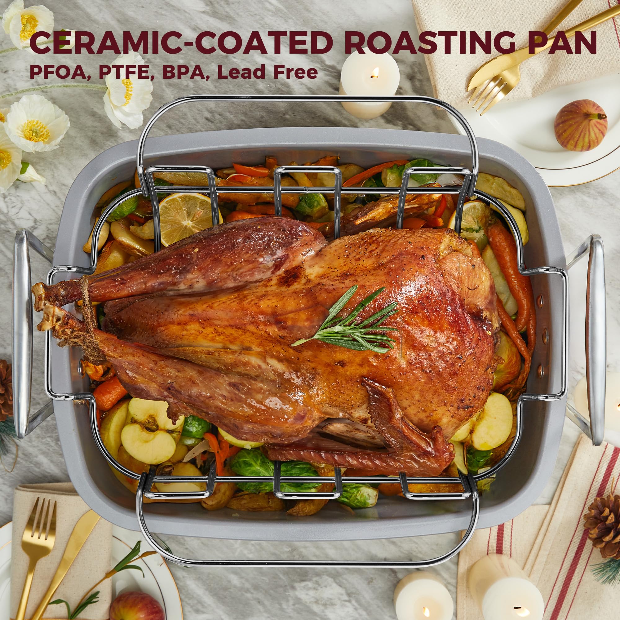 HONGBAKE Ceramic Coated Nonstick Large Turkey Roasting Pan with Rack (U-Shaped), 18.7×13.6 Inch Deep Roaster Pan for 25 lb Turkey & Chicken, Wider Handles, Non Toxic, PFOA & PTFE-Free, Cream & Gray