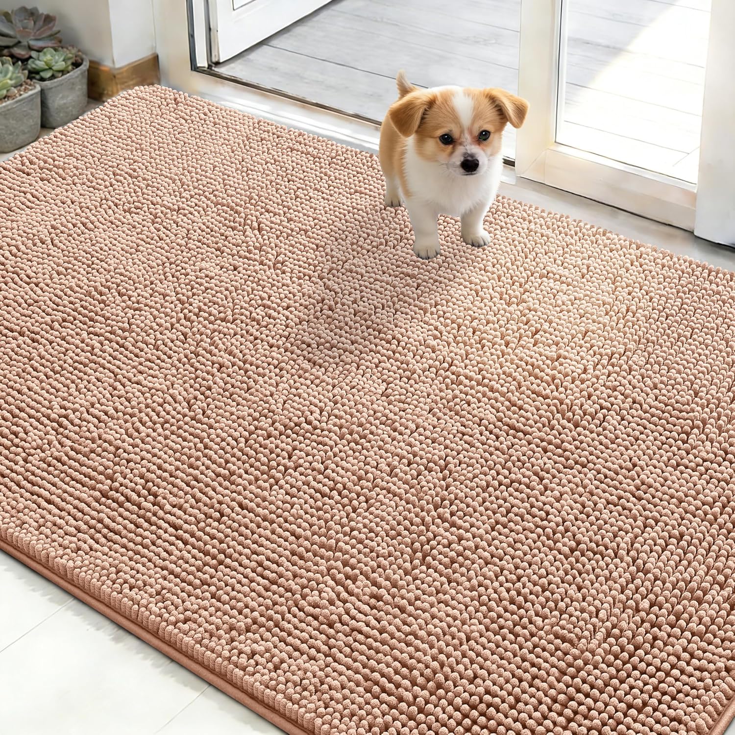 OLANLY Dog Door Mat for Muddy Paws 48x30, Absorbs Moisture and Dirt, Absorbent Non-Slip Washable Doormat, Quick Dry Chenille Mud Mat for Dogs, Entry Indoor Entryway Carpet for Inside Floor, Grey