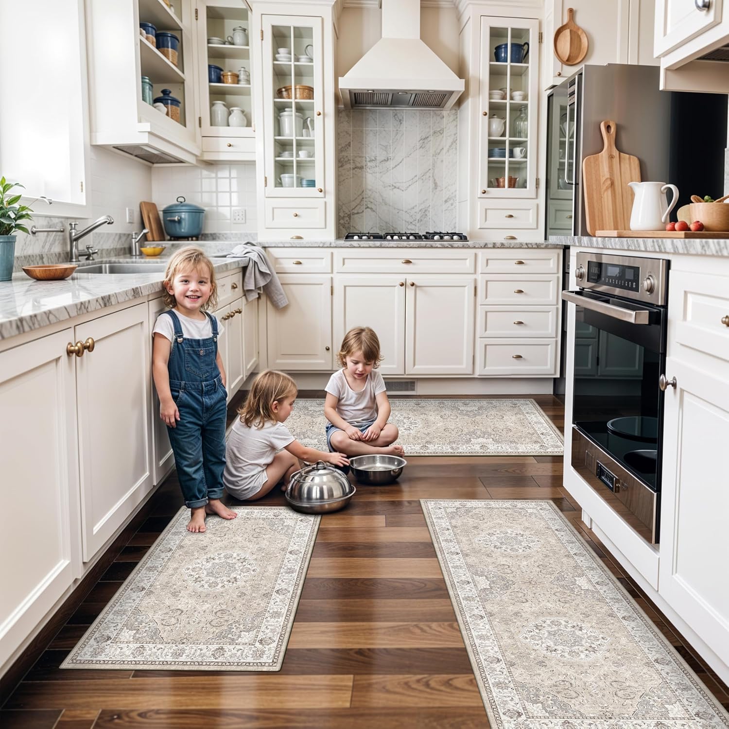 Washable 2x3 Entryway Area Rug - Neutral Kitchen Rug Runner Vintage Soft Floor Mat Non Slip Indoor Farmhouse Carpet for Bathroom Living Room Bedroom (2 X 3, Beige)