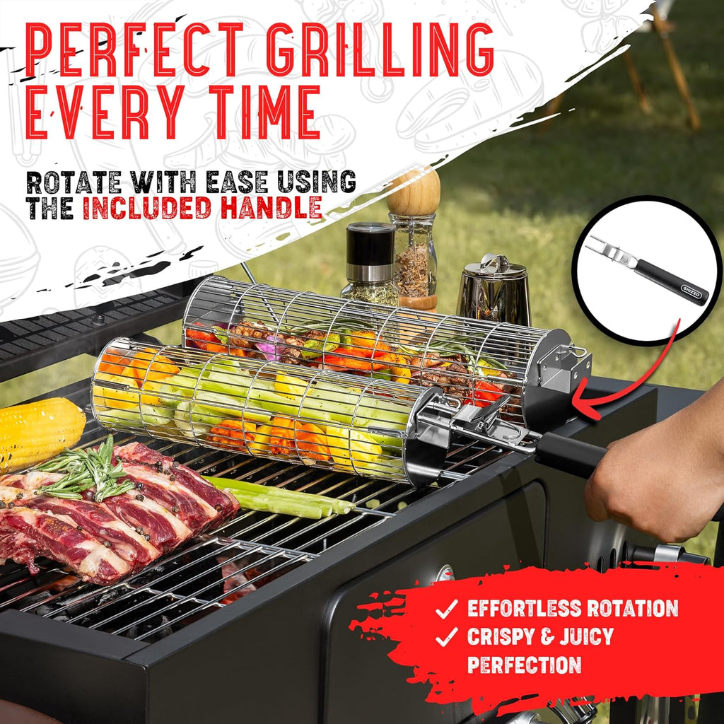 Rolling Grill Basket, New Opening Design, Extra Sturdy Cylinder Grilling Basket, Food Grade Stainless Steel, Large Portable Outdoor Camping accessories BBQ Net Rack, Cooking Griller for Fish, Vegetables, and More - Gifts for Men Dad Husband - Set of 2