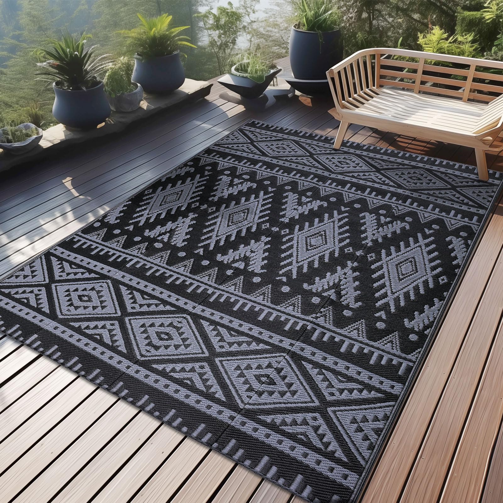 OLANLY Outdoor Rug Waterproof 5x8 ft, Reversible Outdoor Plastic Straw Rug, Boho Patio Rug, Indoor Outdoor Carpet, RV Mat Outside for Patio, Camp, Picnic, Balcony, Deck, Backyard, Black & White