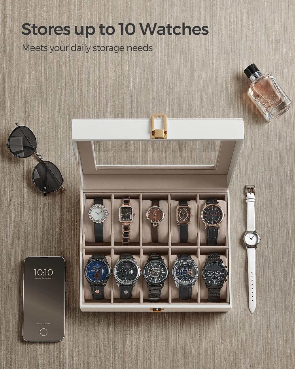 SONGMICS Watch Box, 12-Slot Watch Case Organizer with Large Glass Lid, Removable Pillows, Gift for Loved Ones, Black Synthetic Leather, Gray Lining UJWB12BK