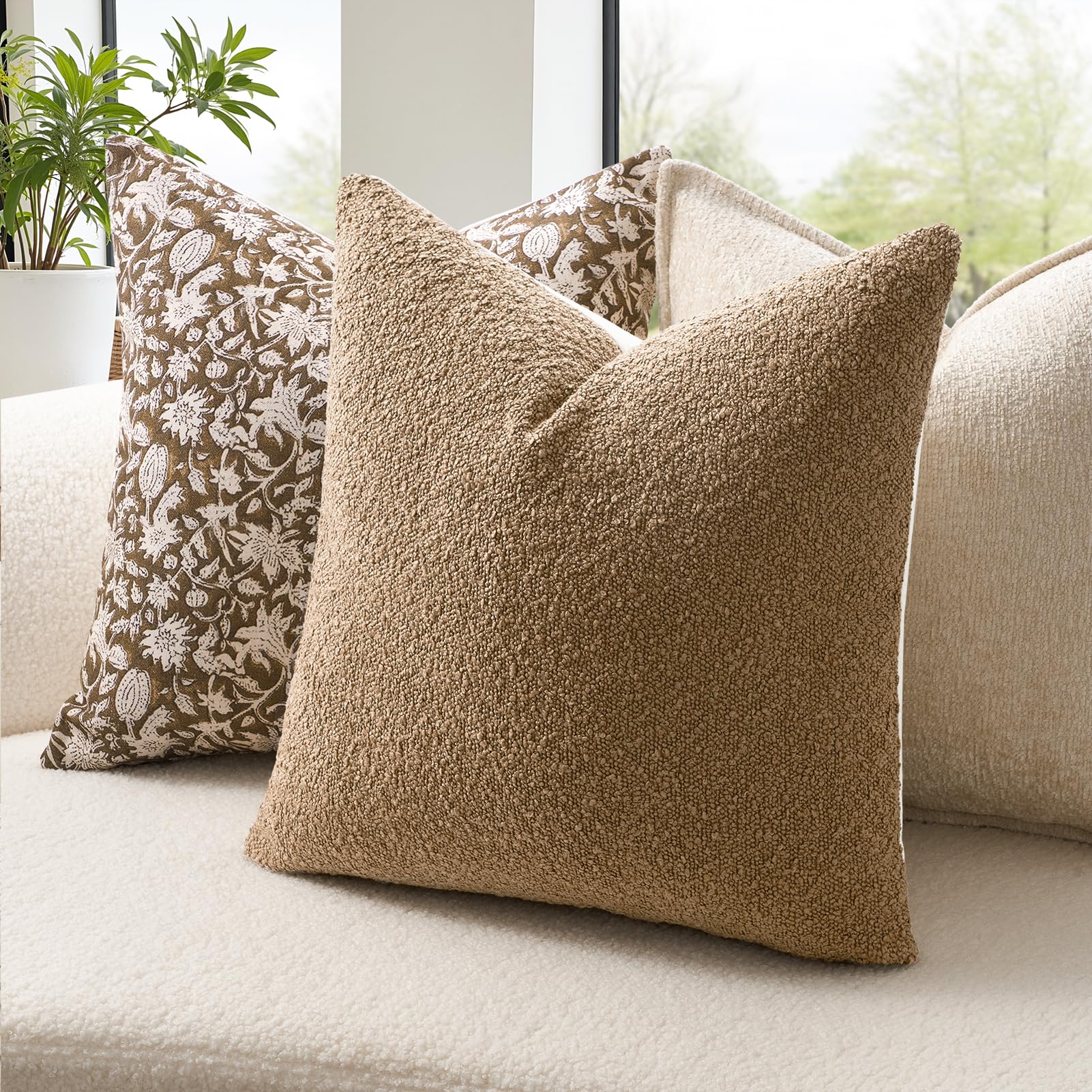 Topfinel Boucle Decorative Pillow Covers 18x18 Inches Set of 4 Neutral Cream Ivory White Pillowcase with Linen Cotton Back Chair Sofa Modern & Minimal Living Room Spring Home Decor