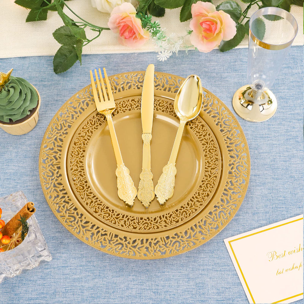 DaYammi 210Pcs White Gold Plastic Plates for Party,Gold Disposable Dinnerware Set Includes 60 gold Floral Plates,30 Plastic Silverware,30 Per Rolled Napkins,30 Cups for Mother's Day Party Wedding