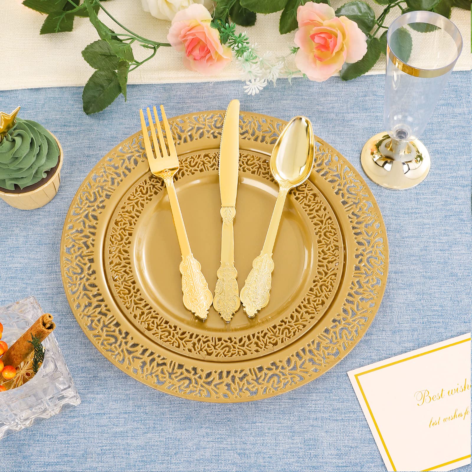 DaYammi 210Pcs White Gold Plastic Plates for Party,Gold Disposable Dinnerware Set Includes 60 gold Floral Plates,30 Plastic Silverware,30 Per Rolled Napkins,30 Cups for Mother's Day Party Wedding
