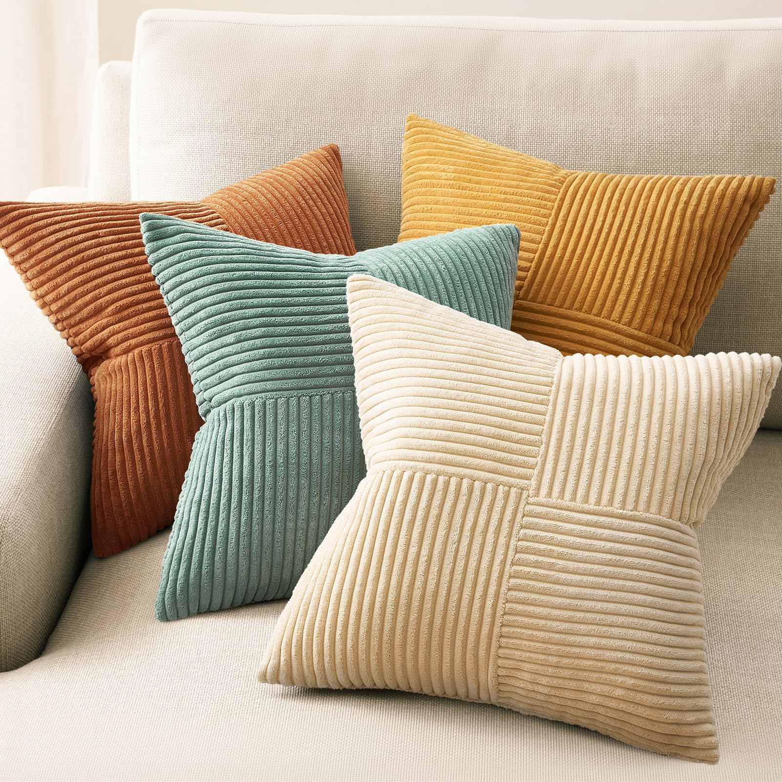 Topfinel SageGreen Throw Pillow Covers 18X18 Inch Set of 4,Boho Farmhouse Cozy Cushion Cover with Corduroy,Soft Accent Forest Green Pillow Covers for Couch,Bed,Living Room Home Decor