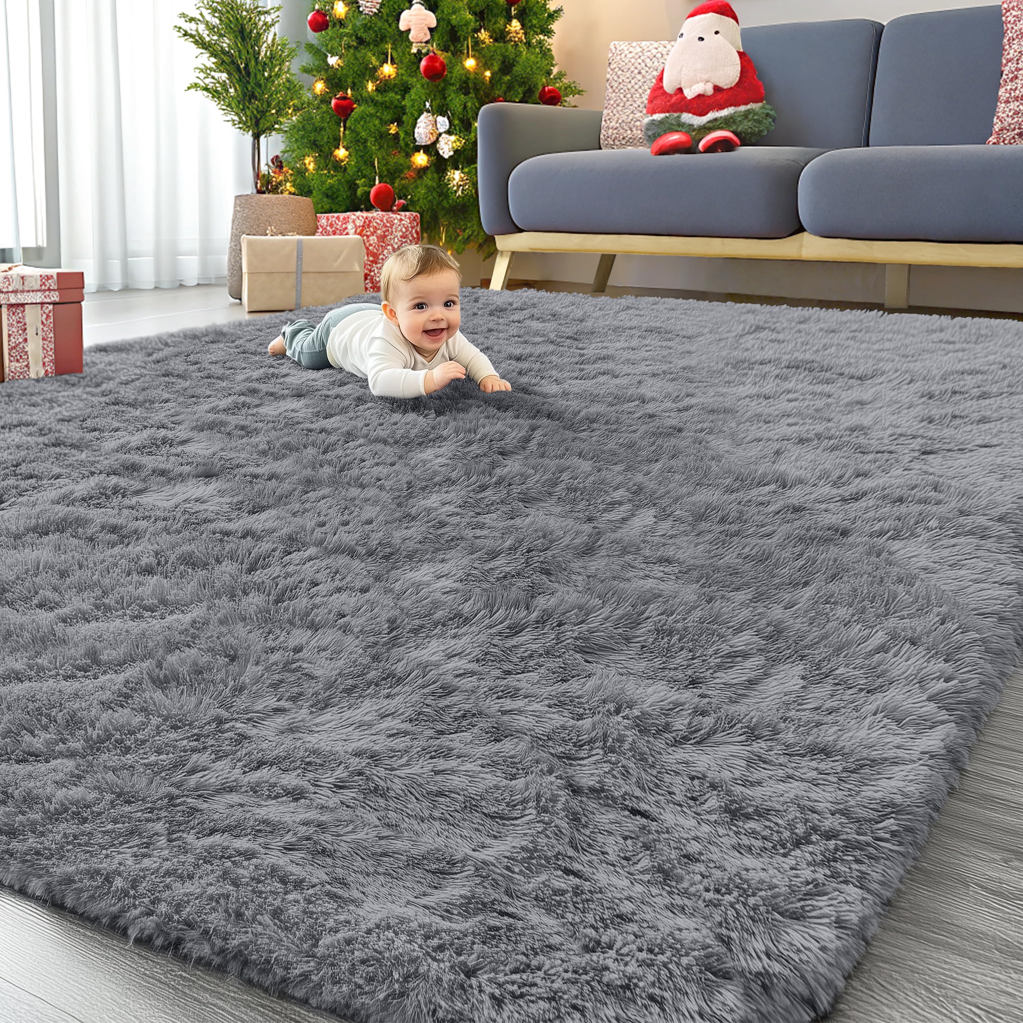 OLANLY Area Rugs for Living Room Bedroom, Machine Washable 4x5.9 ft Soft Fluffy Shaggy Bedside Rug, Indoor Floor Carpet for Kids Girls and Boys, Dorms, Nursery Rooms, Home Decor Aesthetic, Grey