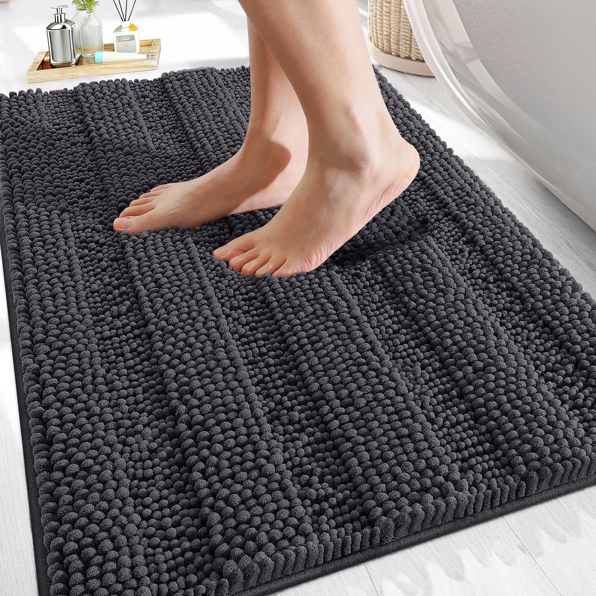 OLANLY Thick Bathroom Rugs 30x20, Extra Soft Absorbent Chenille Striped Bath Rugs, Rubber Backing, Machine Wash Dry, Bath Mats for Bathroom Floor, Tub and Shower, Home Decor Accessories, Grey
