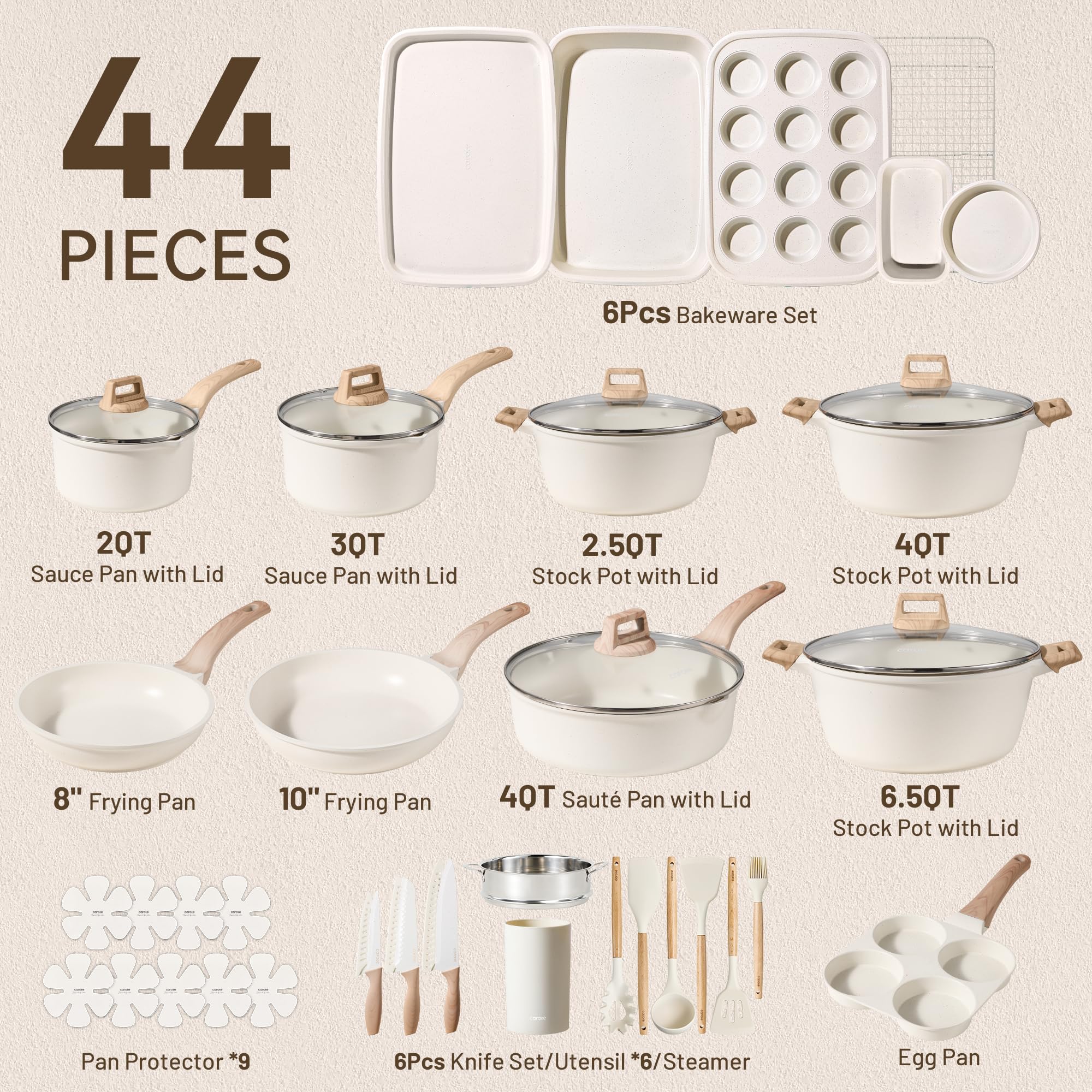 CAROTE 21Pcs Pots and Pans Set, Nonstick Cookware Sets, White Granite Induction Cookware Non Stick Cooking Set w/Frying Pans & Saucepans(PFOS, PFOA Free)