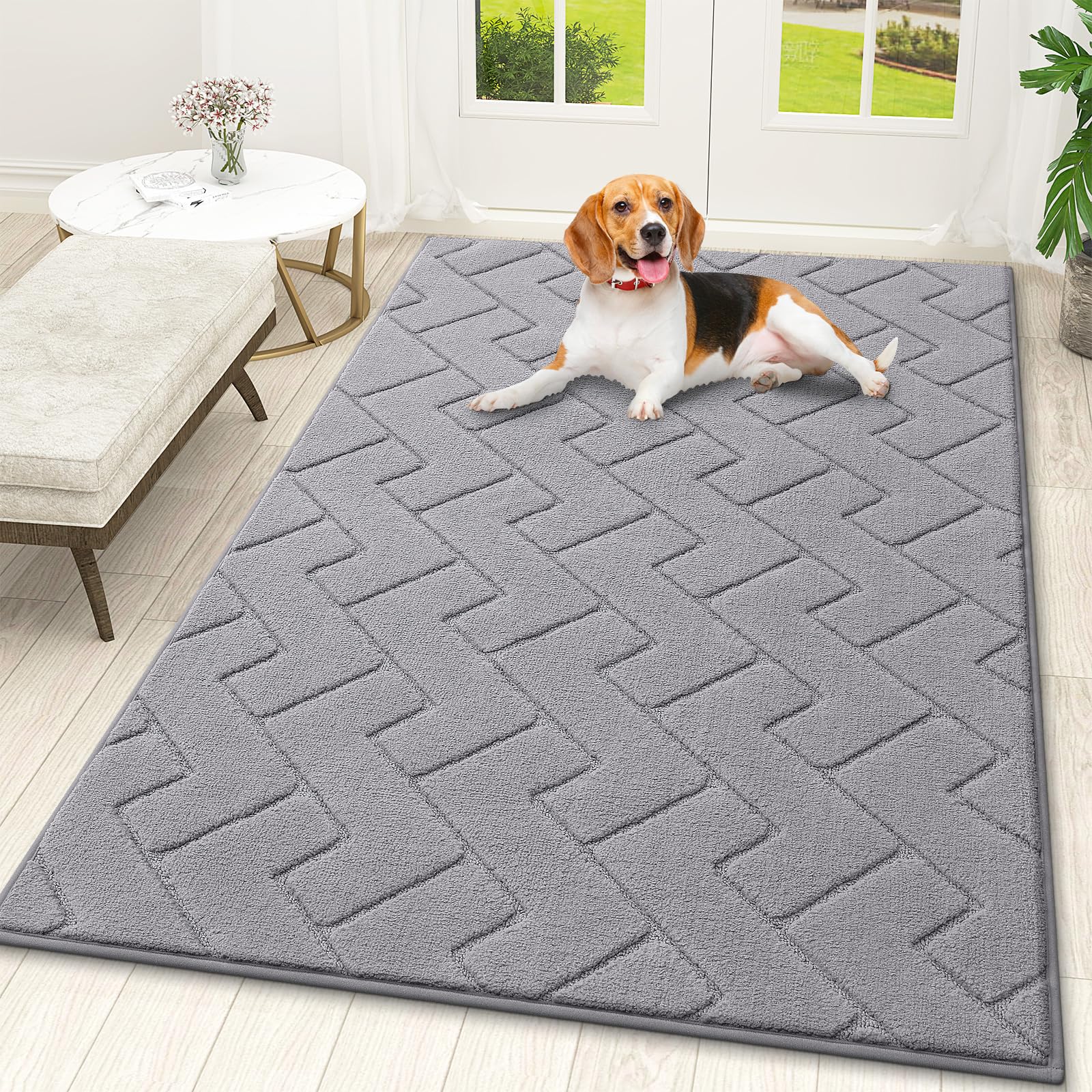 OLANLY Indoor Door Mat, 32x20, Dirt Resistant and Absorbent, Sturdy Non-Slip Rubber Backing, Easy to Clean, Washable Low-Profile Doormat for Entryway, Grey