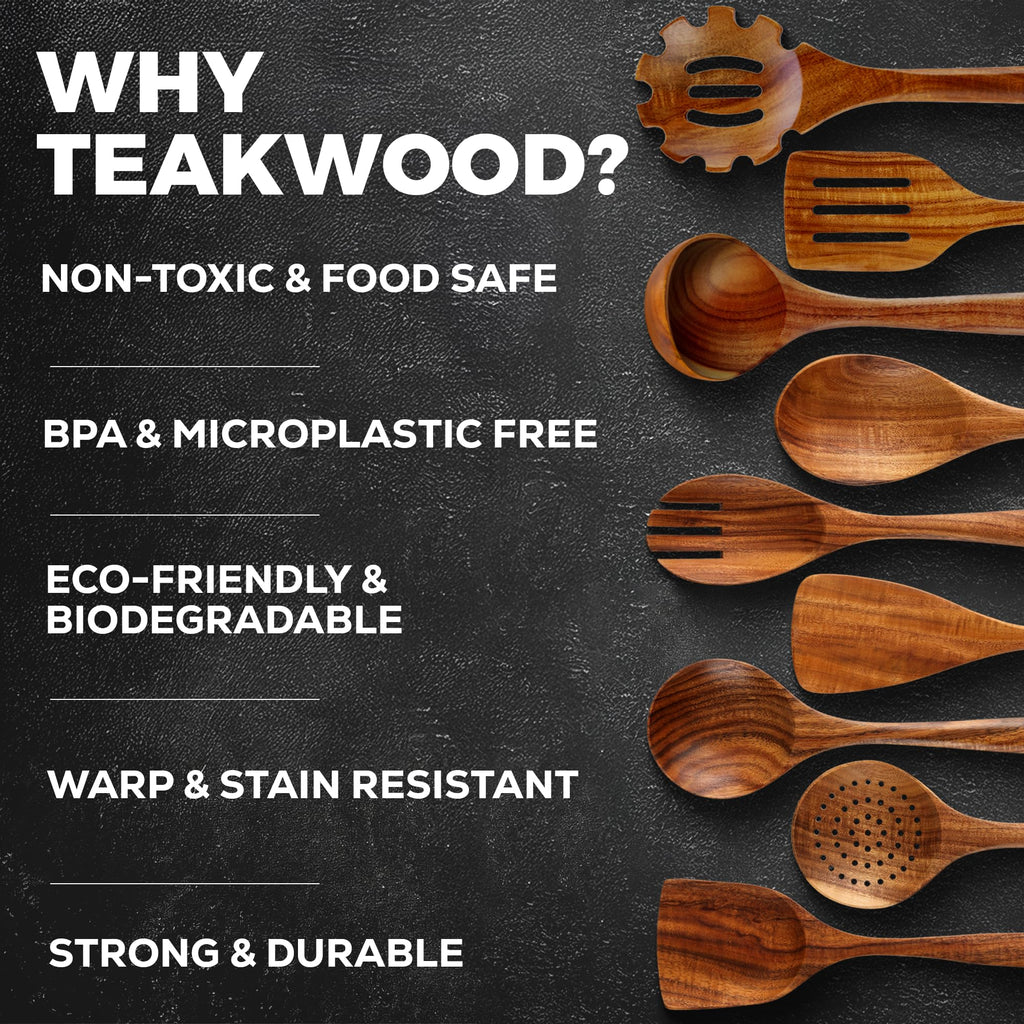 Zulay Kitchen 6 Piece Wooden Spoons for Cooking – Natural Teak Wooden Utensil Set, Easy to Clean, Durable, Smooth with Comfort Grip - Non Toxic Wooden Cooking Utensil Sets