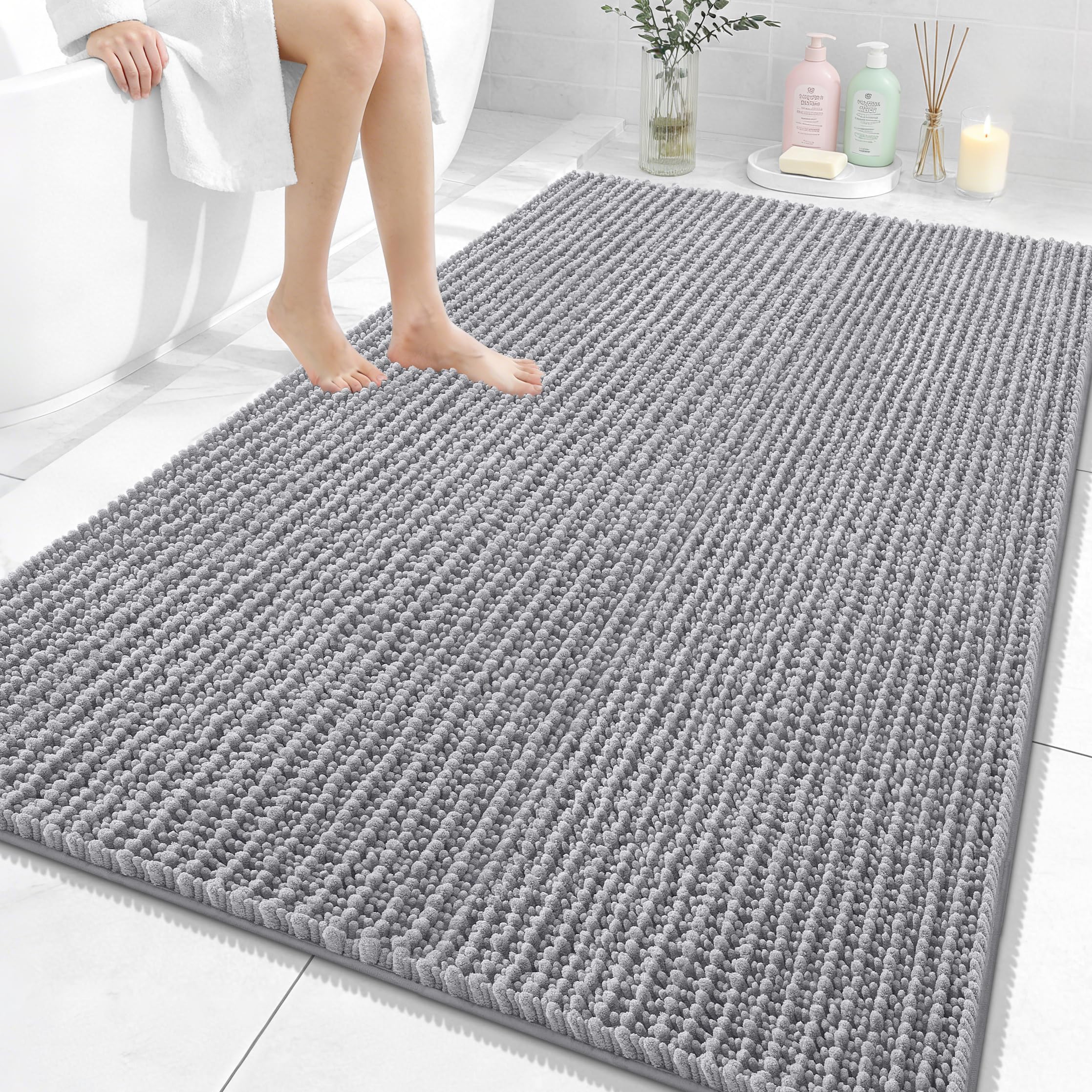 OLANLY Bathroom Rug Mat 30x20, Thick Soft and Absorbent Chenille Bath Mat, Non-Slip Rubber Backing, Machine Washable Quick Dry Bath Rugs for Tub Shower Floor, Home Decor Accessories, Grey