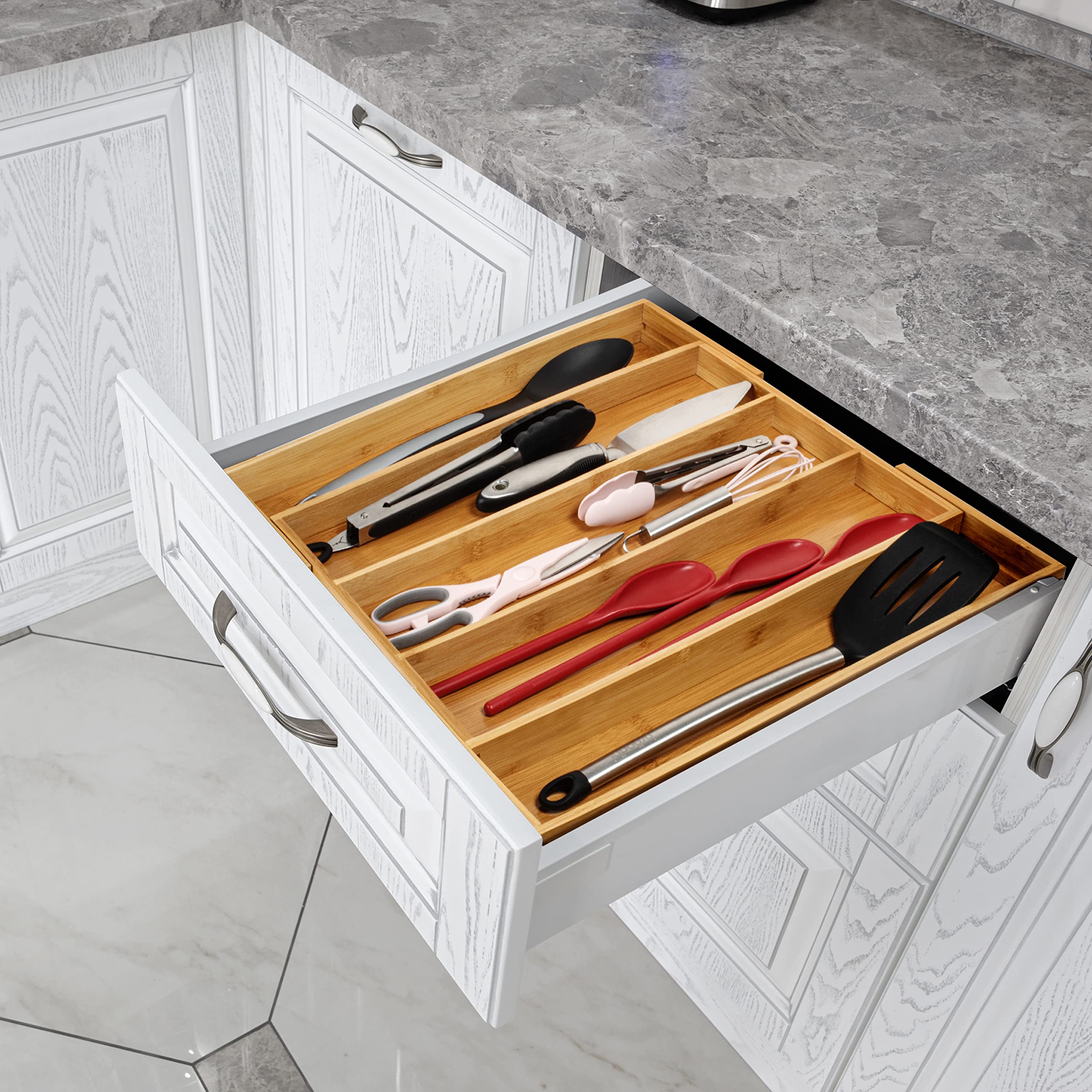 Purawood Bamboo Drawer Organizer - Expandable Silverware Organizer & Utensil Drawer Organizer, Cutlery Tray with Dividers, 7-9 Slots- Kitchen Organizer for Utensils & Flatware (Natural)