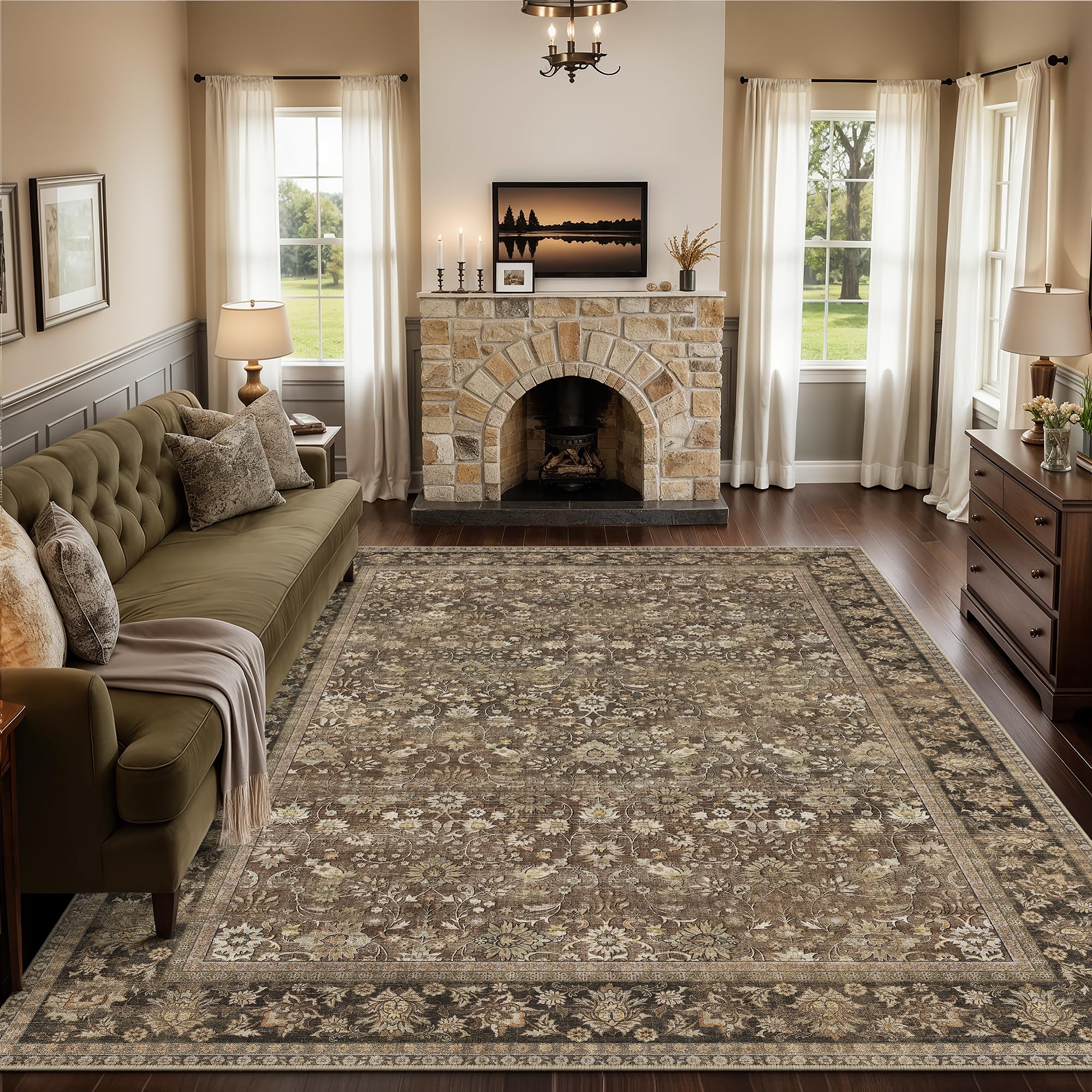 HUGEAR 5x7 Machine Washable Rugs Brown Hallway Area Rug Indoor Accent Rug Floral Low Pile Carpet Soft Throw Aesthetic Rug Bedroom Living Room Office Dining Room Kitchen Laundry Room Non Slip