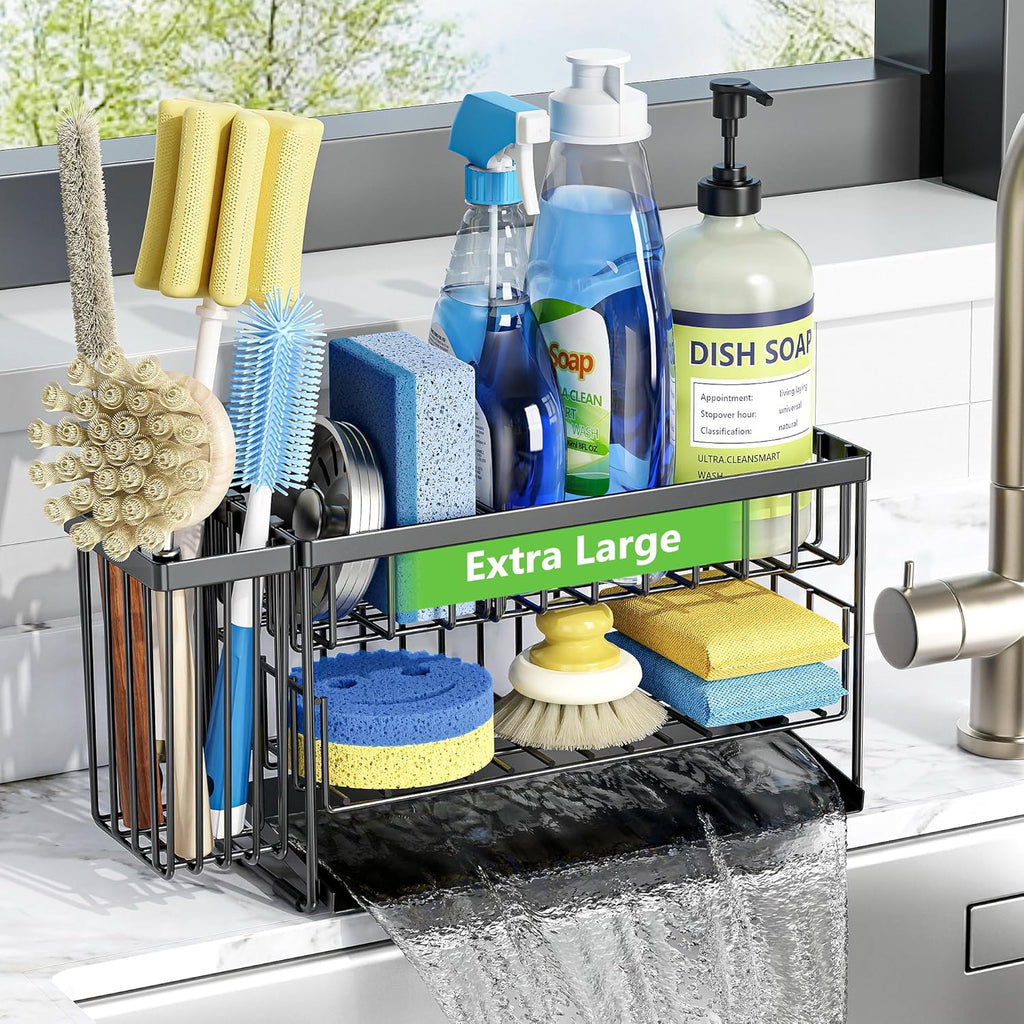 Cisily Large 2-Tier Kitchen Sink Caddy Organzier Rack with Flexible Dish Brush Holder, Sponge Holder for Kitchen Sink Countertop Organization Storage
