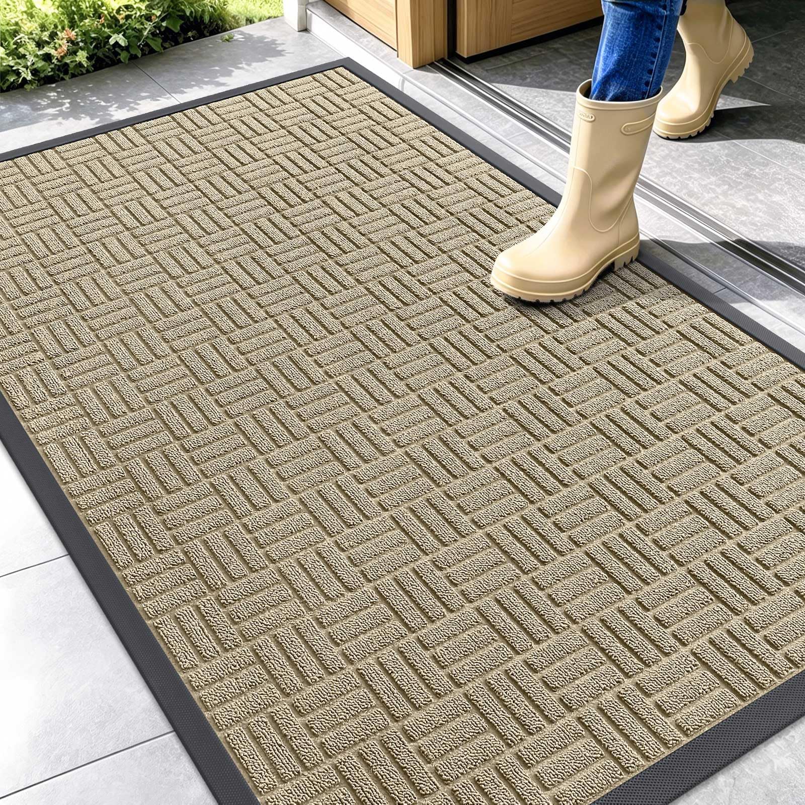 OLANLY Front Door Mat Outside Entrance 29.5x17, Absorbent, Heavy Duty Sturdy Natural Rubber Doormat Indoor Outdoor, Stain and Fade Resistant, Non-Slip Backing Low Profile Floor Mat for Entryway, Grey