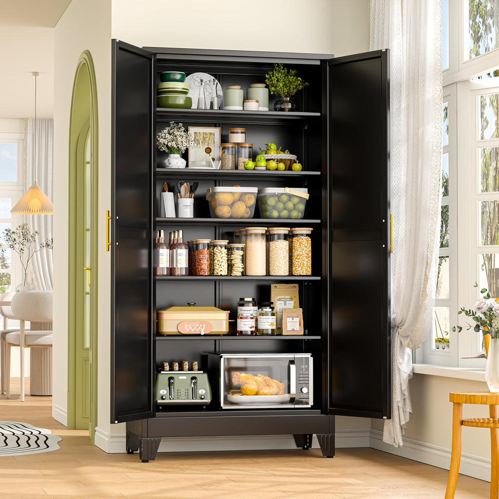 GAIOUS Metal Pantry Cabinet, Kitchen Pantry Storage Cabinets with 2 Door and 3 Adjustable Shelves, White Kitchen Pantry Cabinet, Freestanding Cupboard for Dining Room Living Room Bathroom