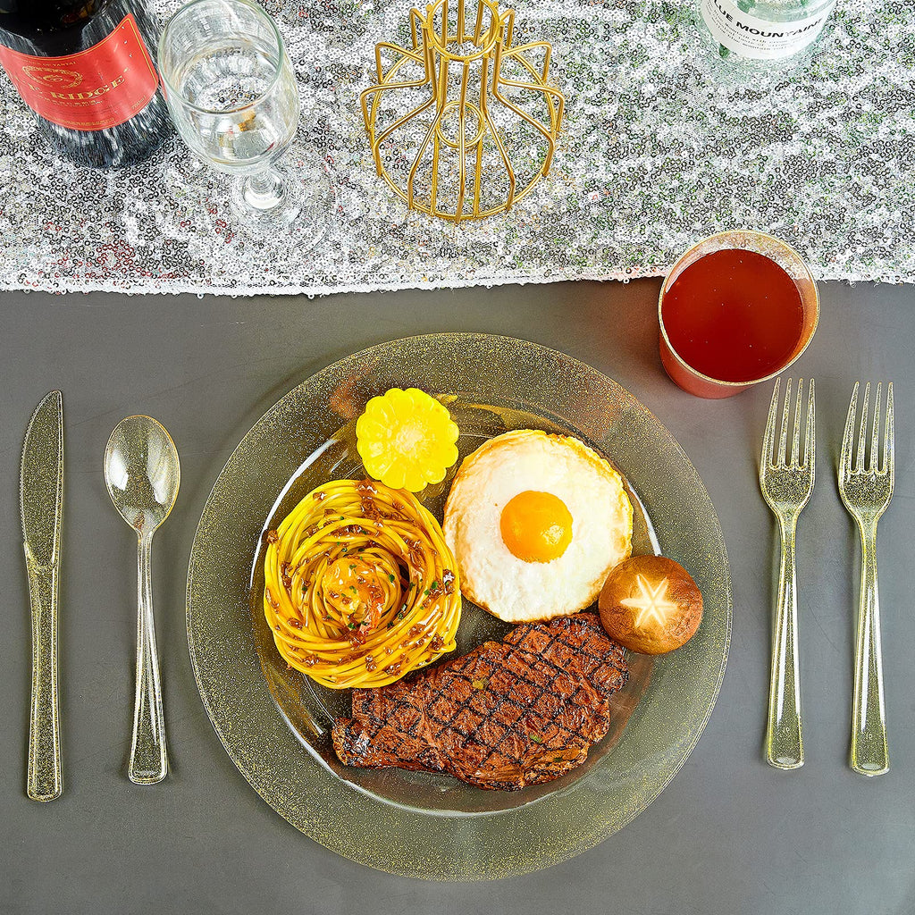 Vplus 150 pcs Gold Plastic Plates with Disposable Plastic Silverware, Cups, Gold Glitter Design includes Dinner and Salad Plates, Forks, Knives, Spoons, 10 oz Cups