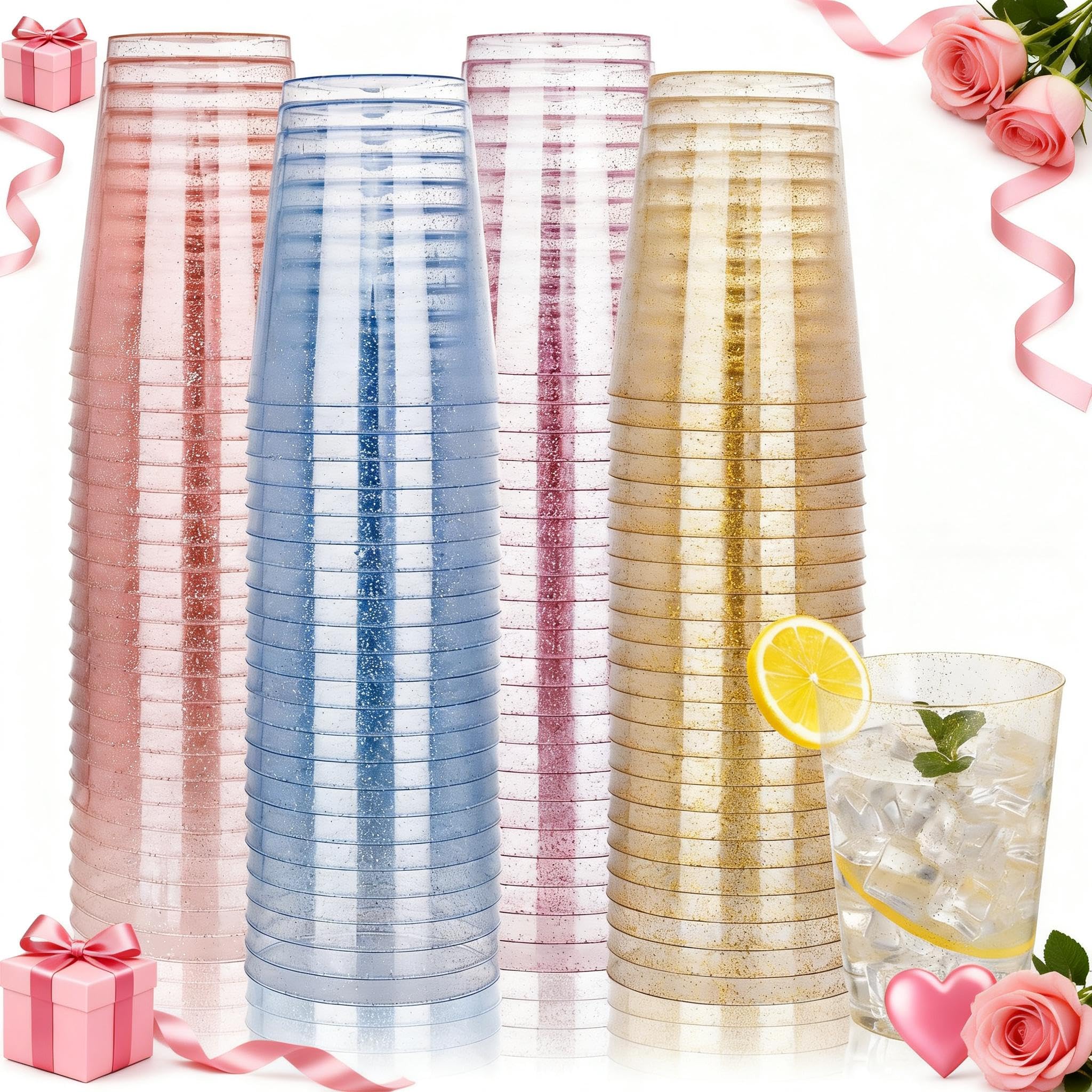 DaYammi 200 Pack Gold Plastic Cups 10 Oz Clear Cup Gold Rimmed Disposable Wine Glasses Fancy Disposable Party Cups Tumblers Drinking Cup Plastic Cocktail Glasses gold disposable cups for Party Wedding