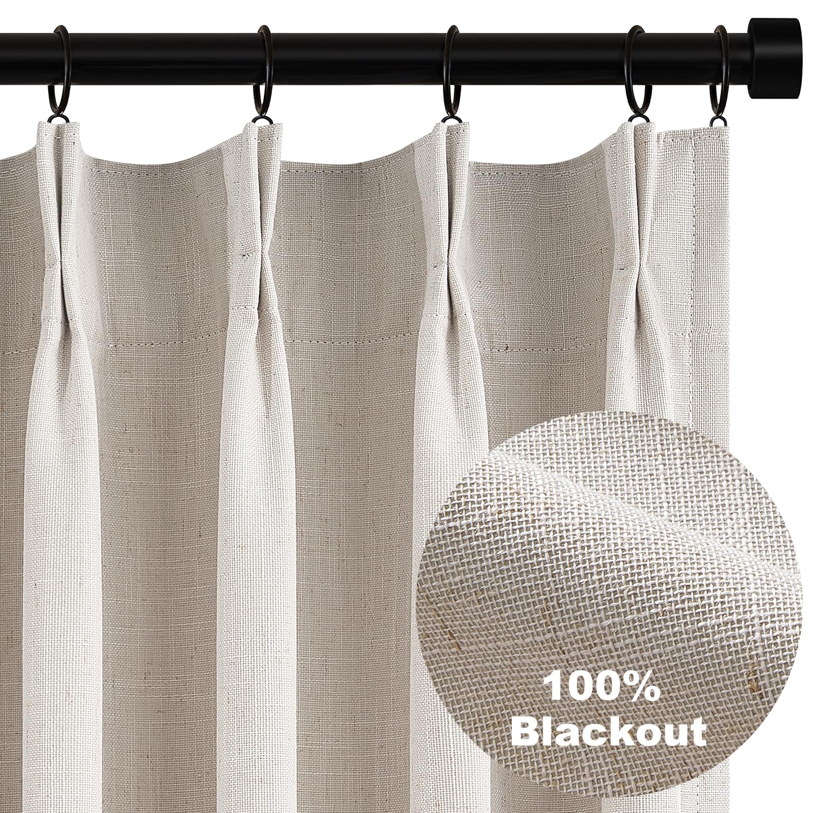 Topfinel Pinch Pleated Curtains 96 Inch Long, 100% Blackout Thermal Insulated Natural Linen Pinch Pleat Viral Drapes with Hooks Rings 2 Panel Sets, Neutral Beige Ivory 8FT Back Tab Window Curtains