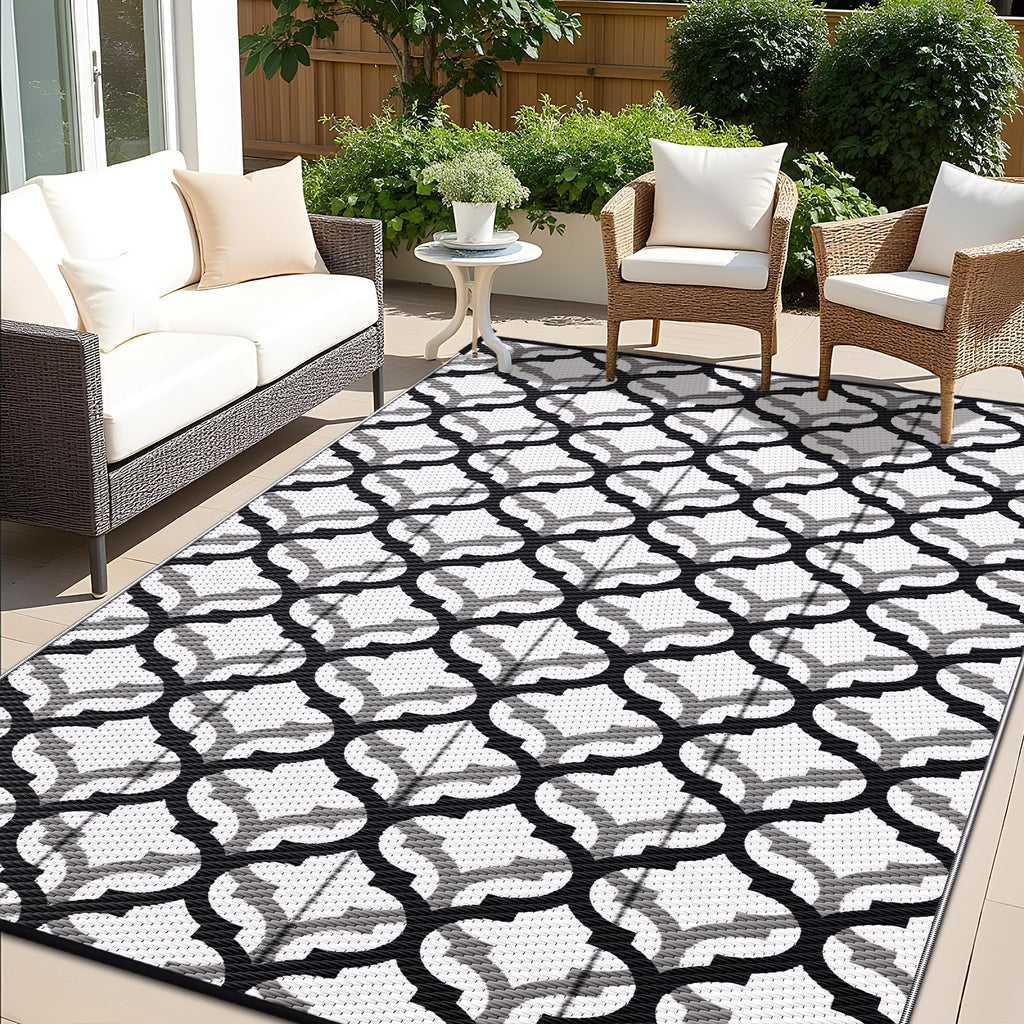 OLANLY Waterproof Outdoor Rug 5x8 ft, Outdoor Plastic Straw Rug for Camping, RV Mat Outside, Indoor Outdoor Carpet for Porch, Deck, Backyard, Balcony, Picnic, Black & White
